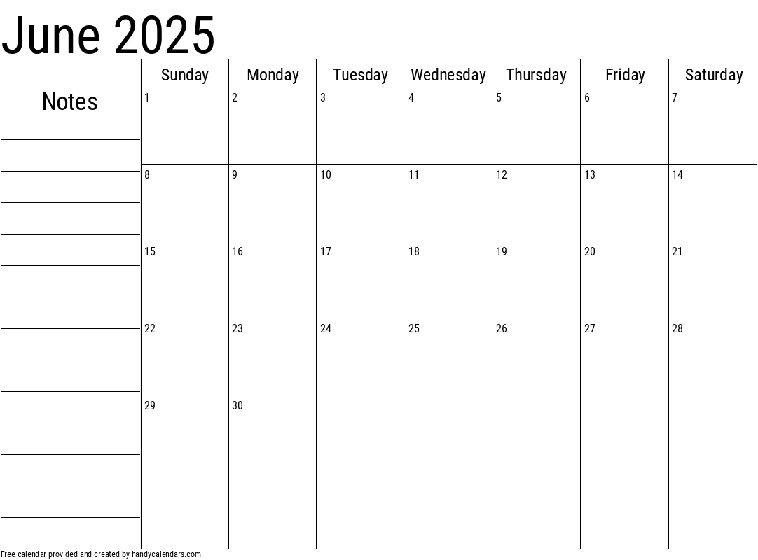 June 2025 Calendar With Notes - Handy Calendars with regard to June 2025 Calendar With Notes