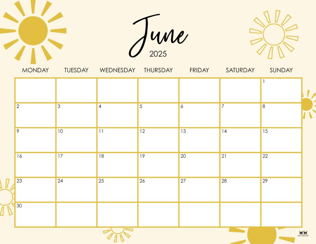 June 2025 Calendars - 107 Free Printables | Printabulls inside June 2025 Calendar Monday Start