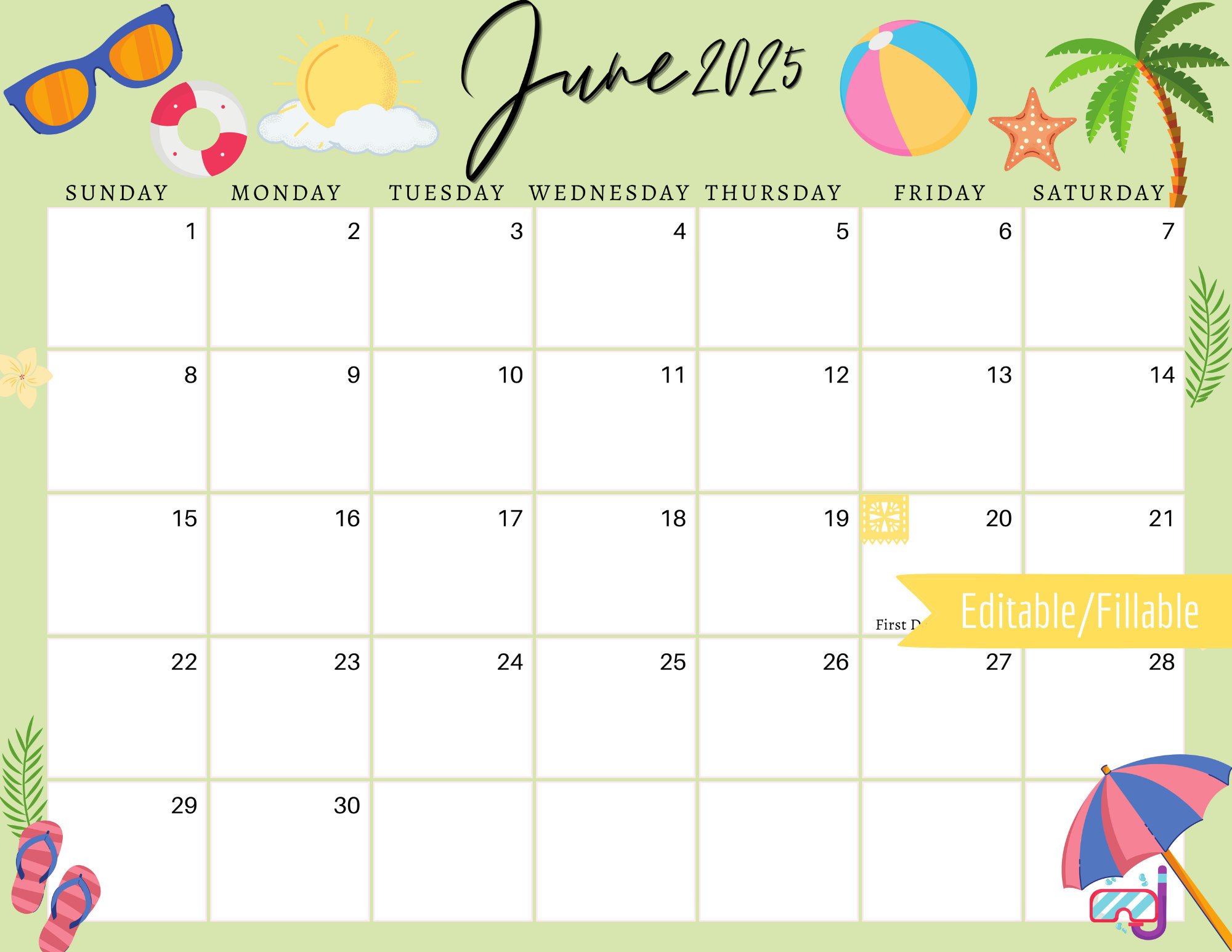 June 2025 Digital Calendar - Light Green Summer Planner Editable with Show Me A Calendar Of June 2025