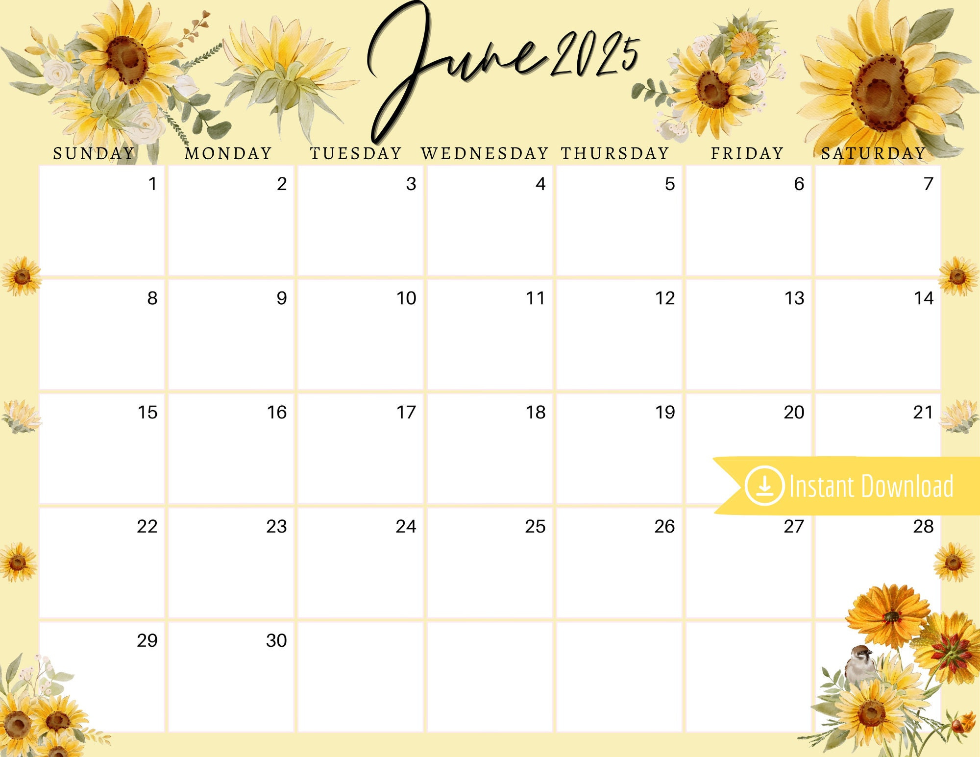 June 2025 Digital Calendar - Yellow Sunflowers Planner Editable pertaining to Sunflower June 2025 Calendar