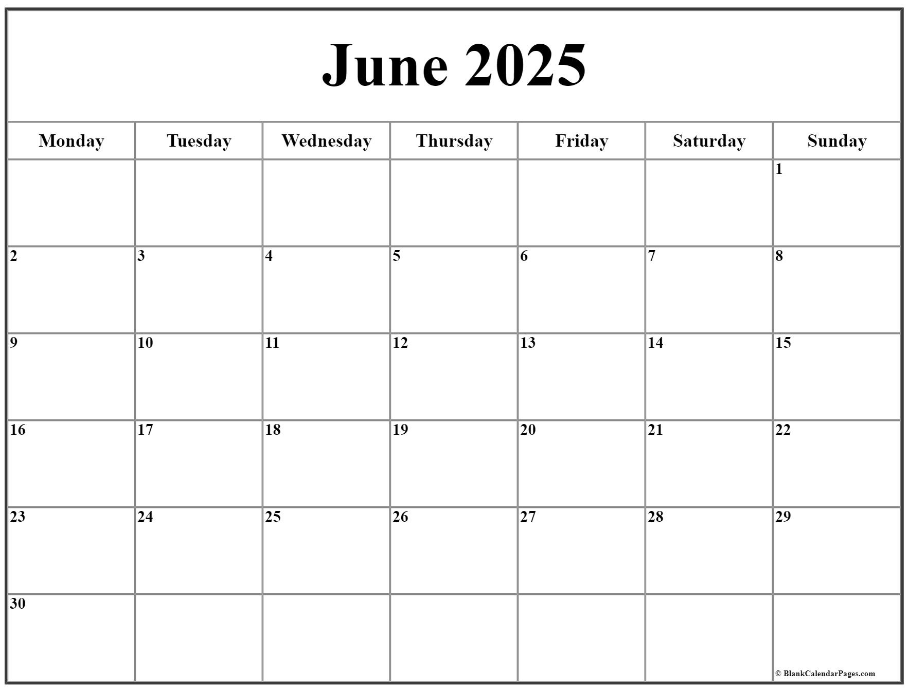 June 2025 Monday Calendar | Monday To Sunday throughout Printable June 2025 Calendar With Holidays