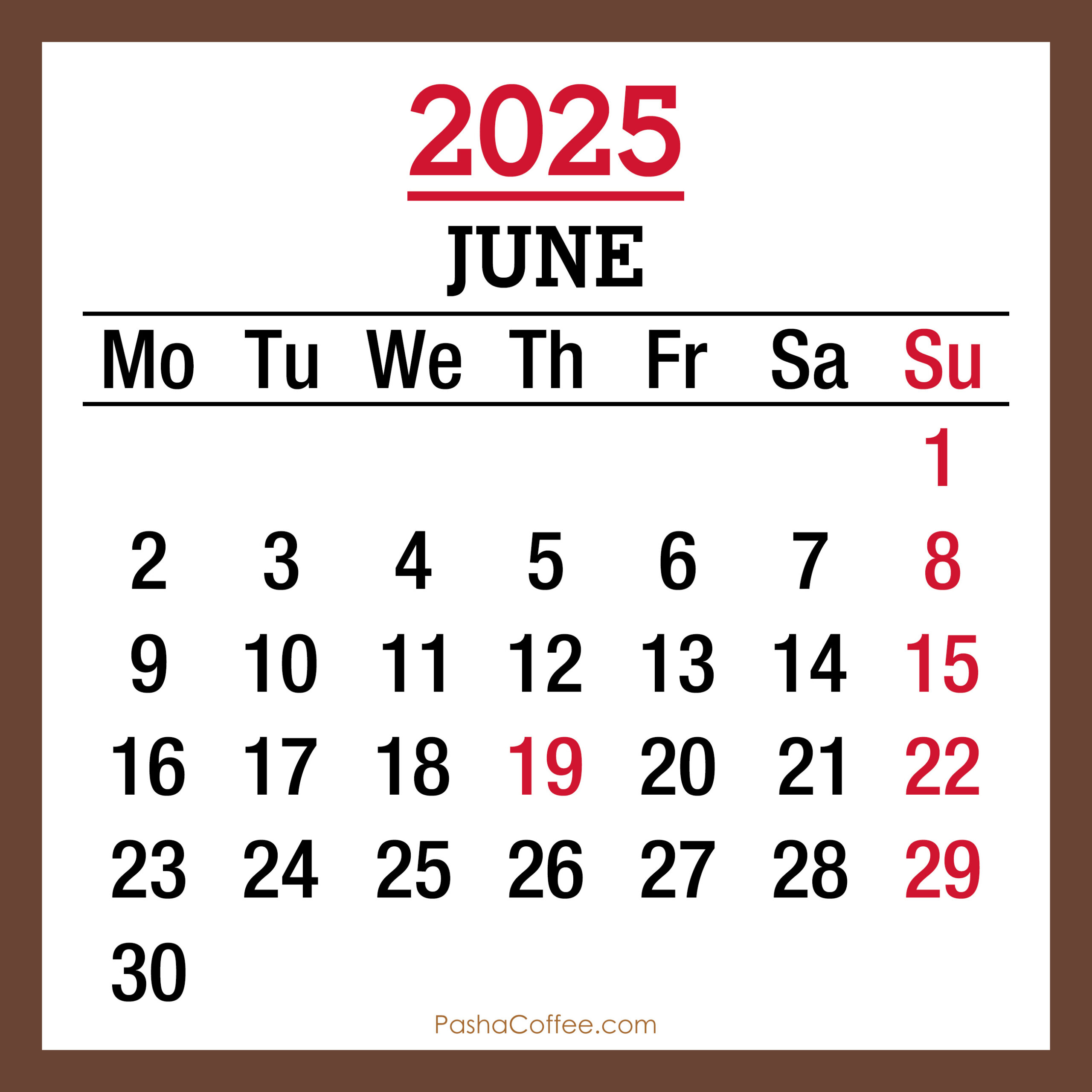 June 2025 Monthly Calendar With Holidays, Printable Free, Brown in June 2025 Calendar Monday Start