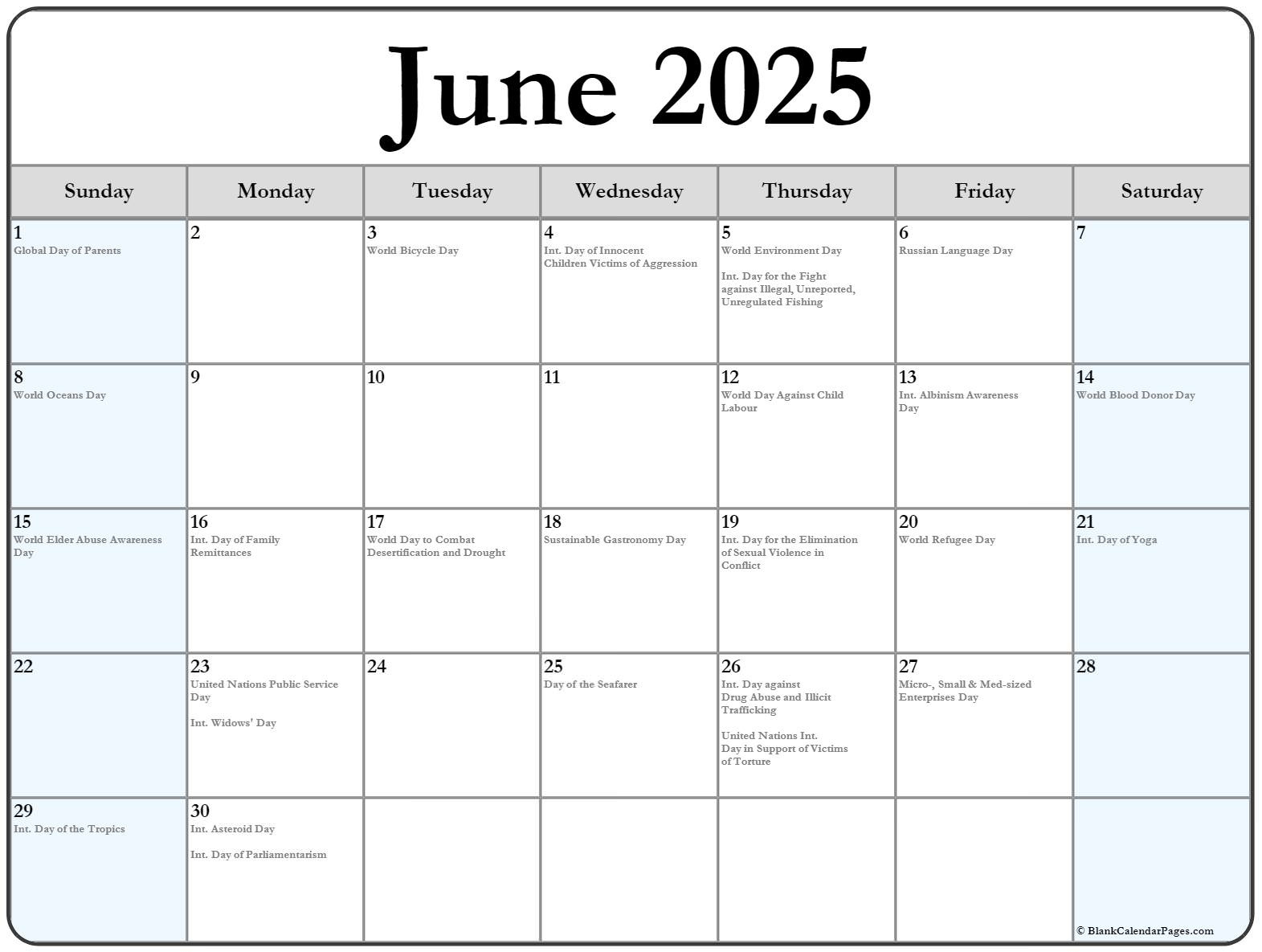 June 2025 With Holidays Calendar with June 2025 Calendar Events