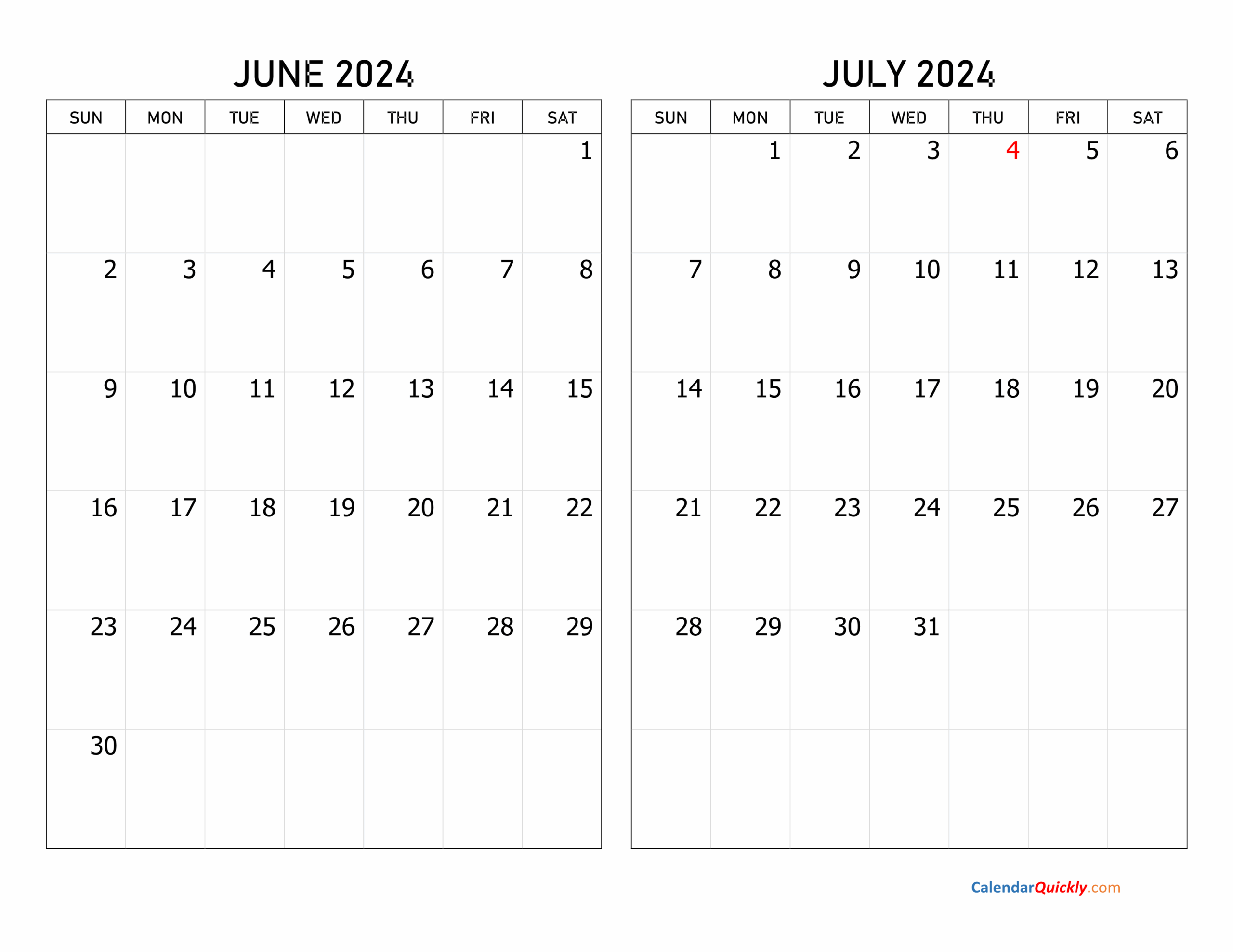 June And July 2024 Calendar | Calendar Quickly within Printable Calendar July 2024 Through June 2026