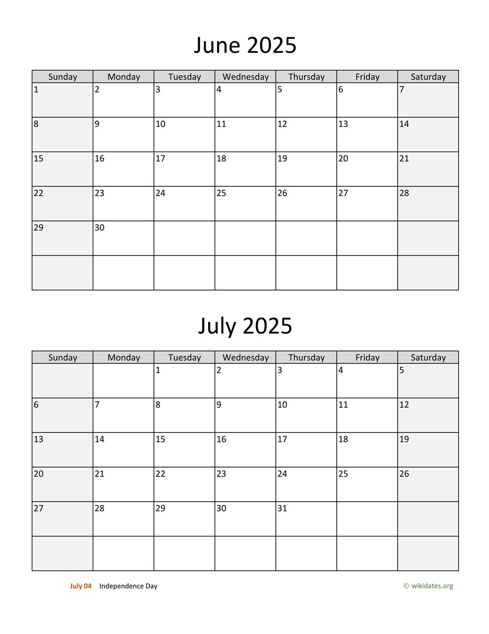 June And July 2025 Calendar | Wikidates in June To July 2025 Calendar
