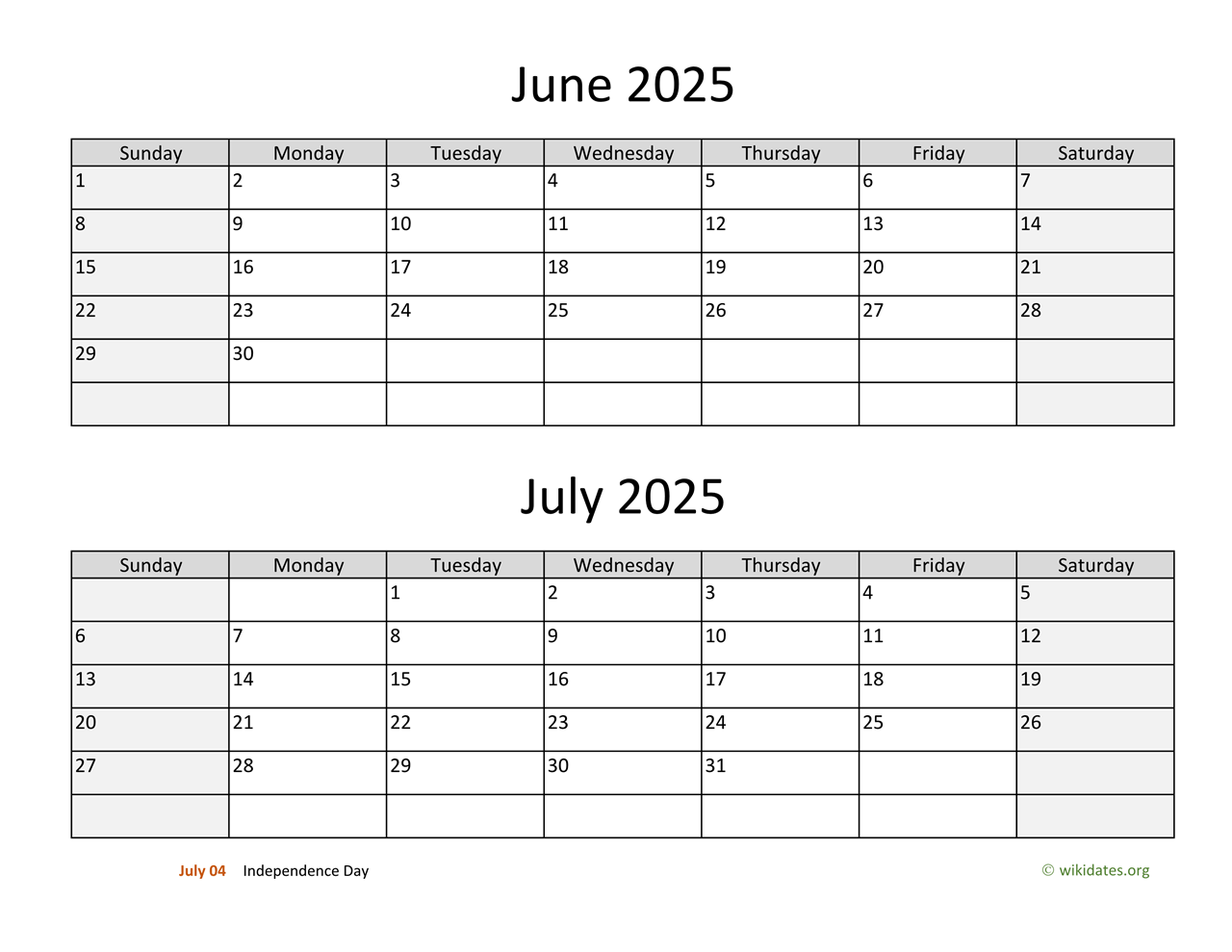 June And July 2025 Calendar | Wikidates regarding June And July 2025 Editable Calendar