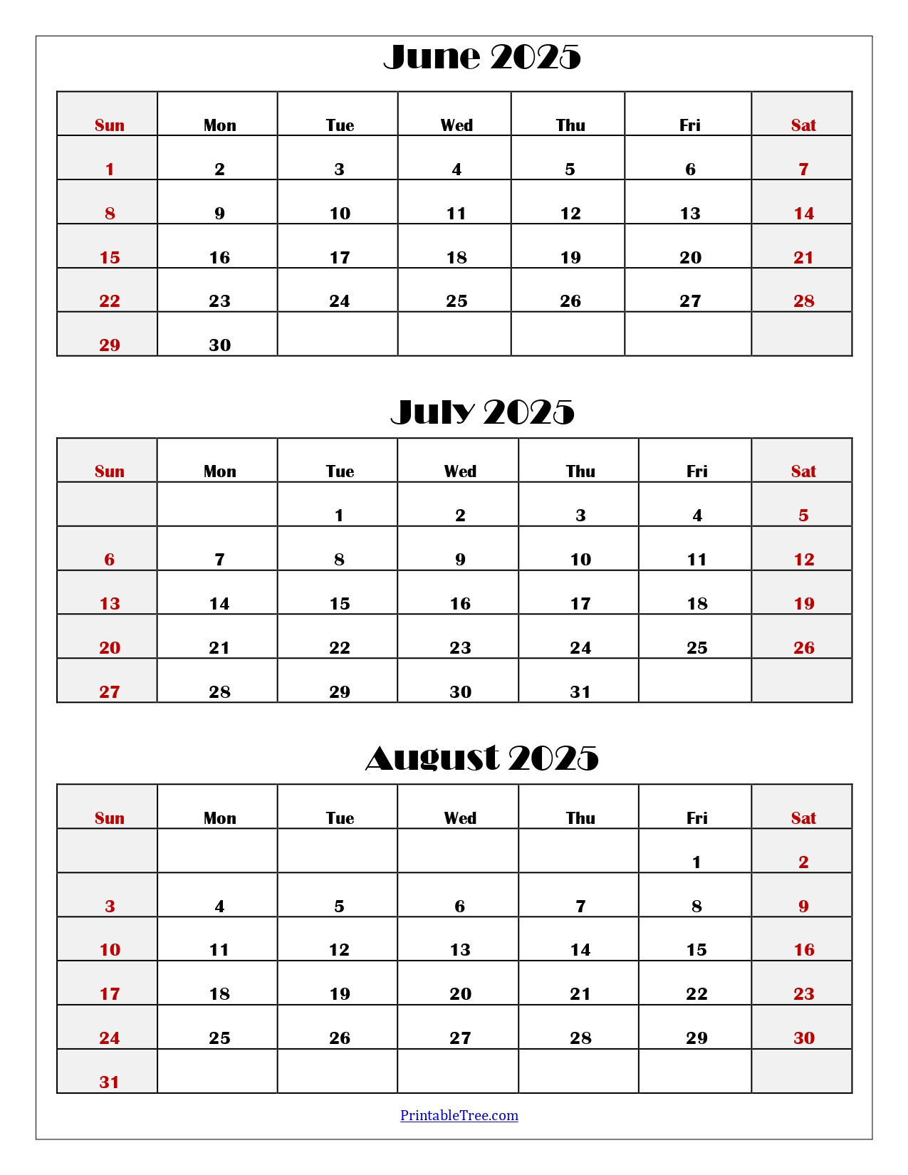 June To August 2025 Calendar Printable Pdf | Three Months Calendar in June To August Calendar 2025