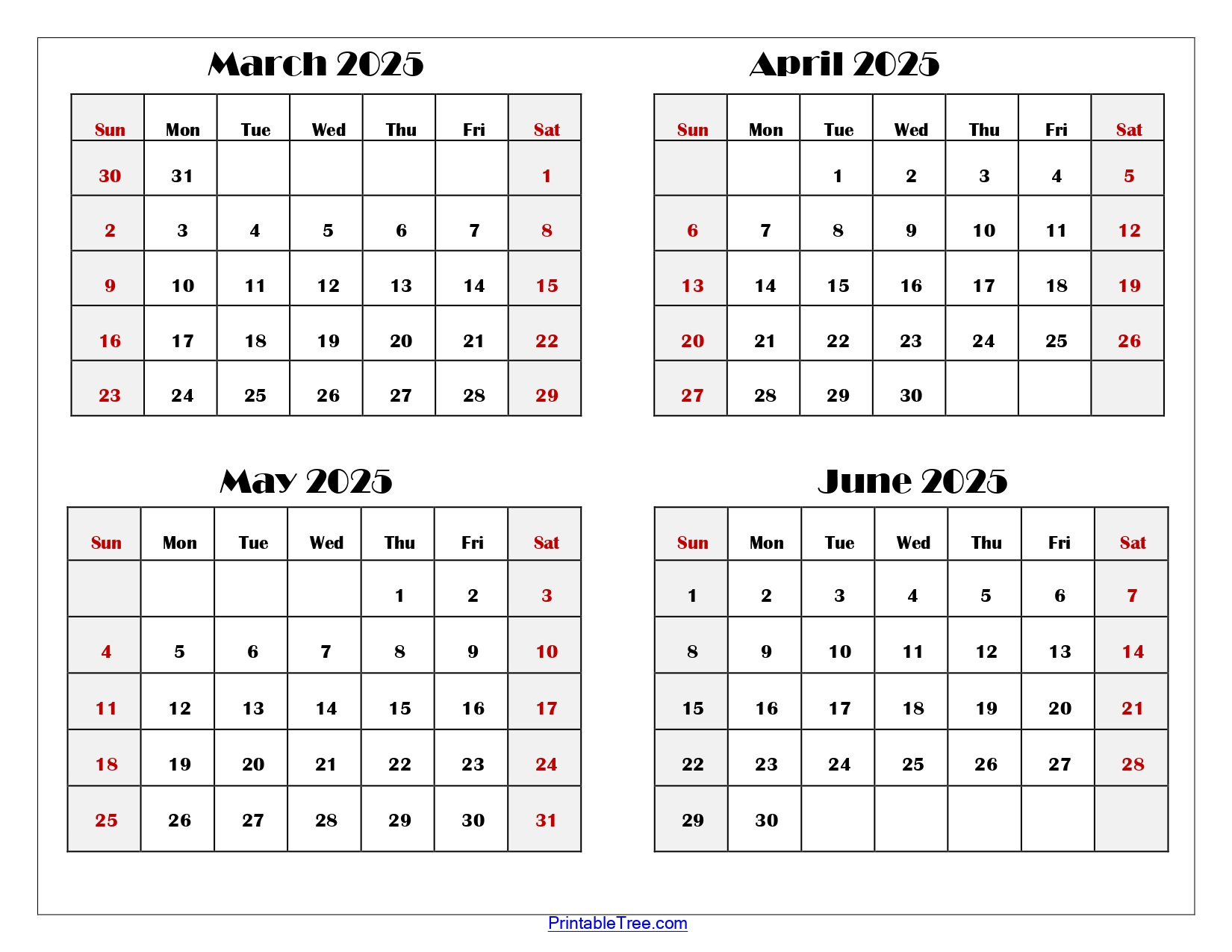 March To June 2025 Calendar Printable Pdf | Four Months Calendar in March April May June 2025 Calendar