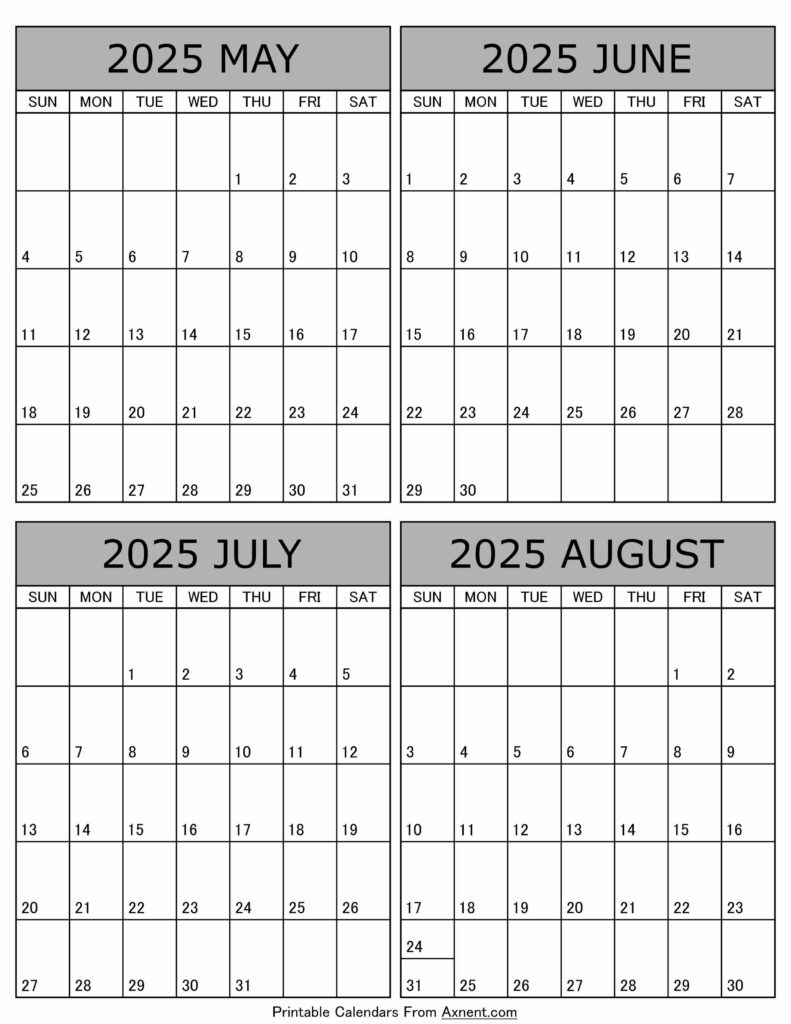 May To August 2025 Calendar Templates - Four Months throughout Blank June July August 2025 Calendar