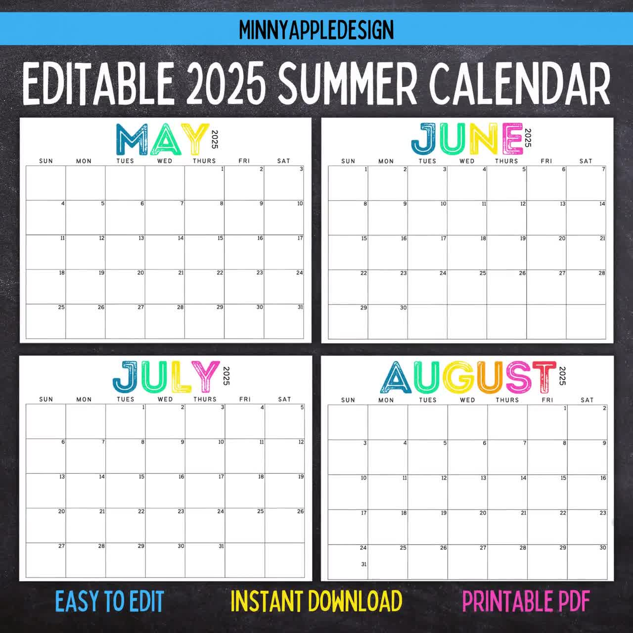 Printable Editable Summer Calendar June, July, August Calendar | May 2025 | June 2025 | July 2025 | August 2025 | Summer Planner in June July August 2025 Calendar Editable