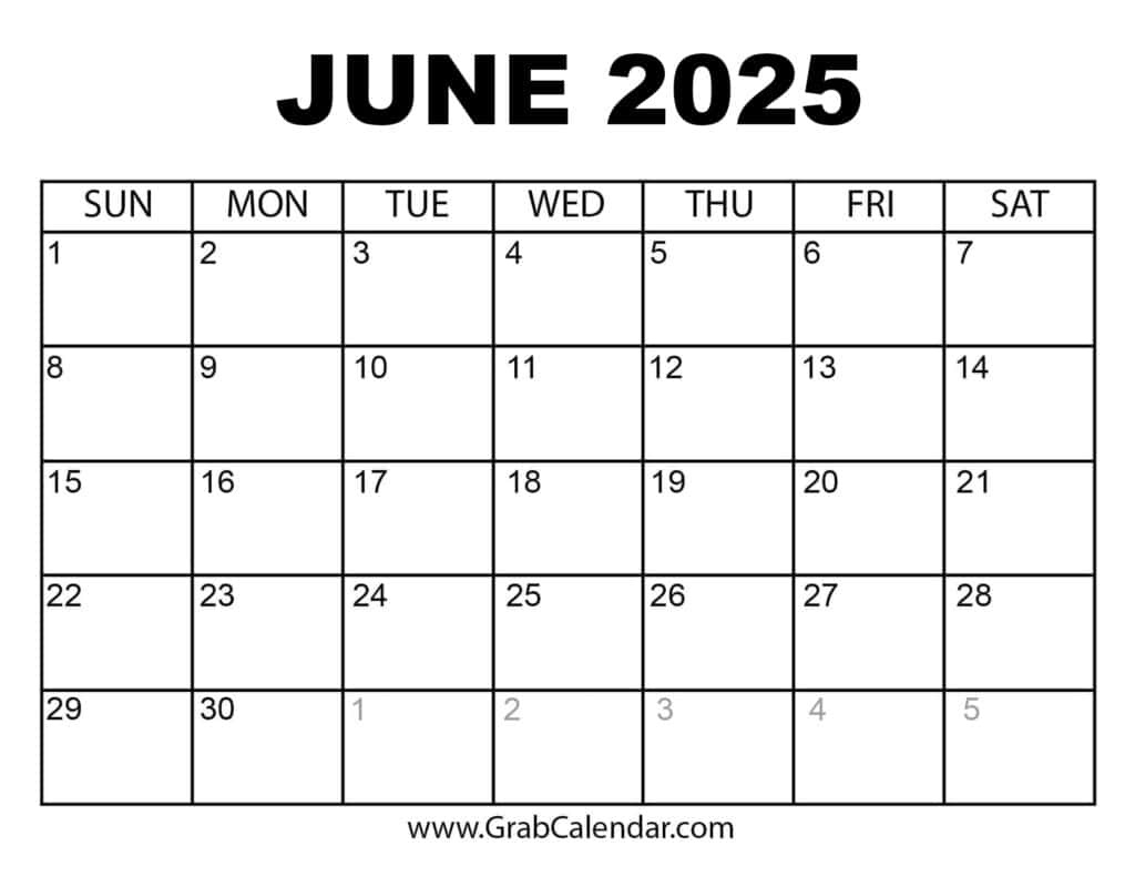 Printable June 2025 Calendar pertaining to Grab Calendar June 2025