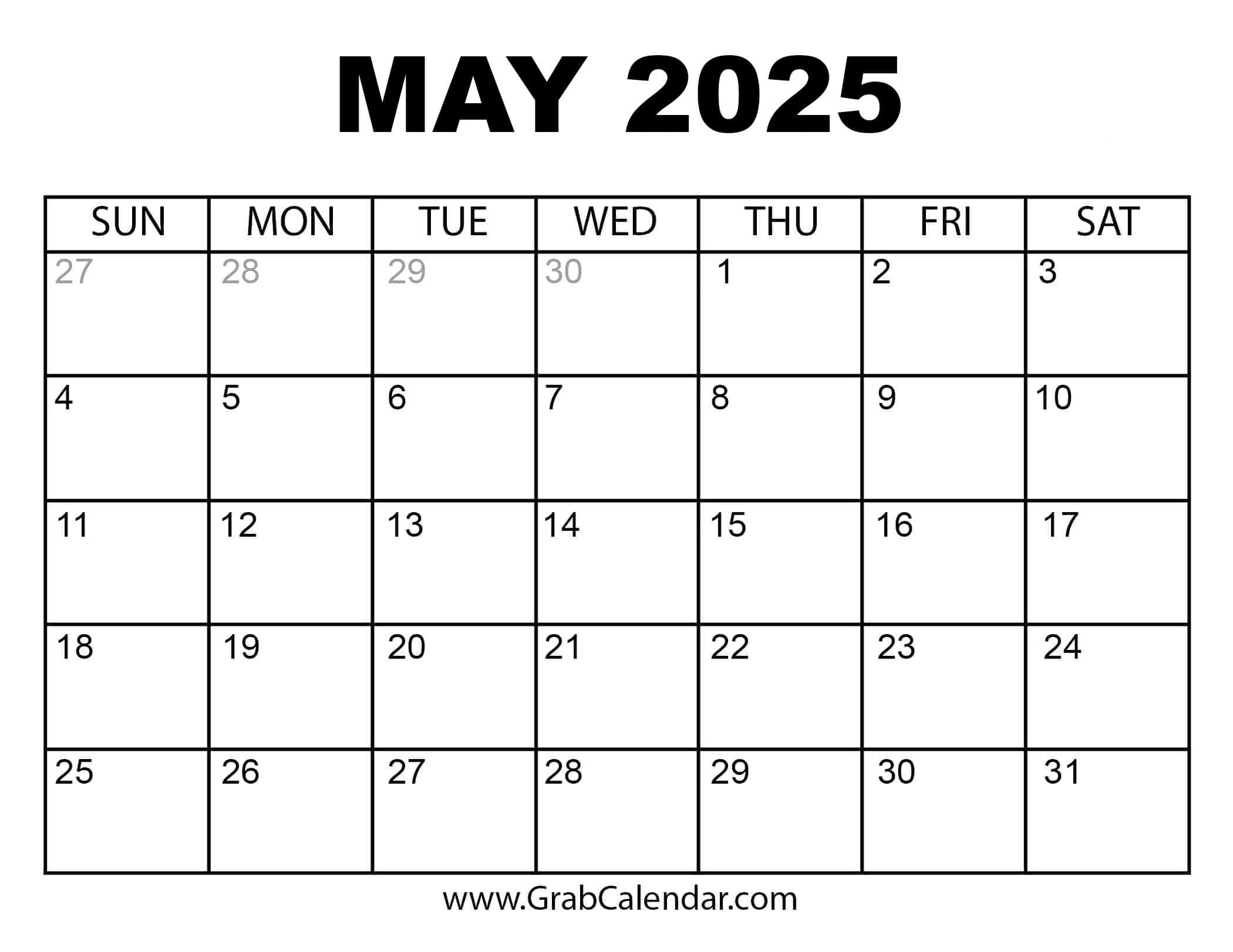 Printable May 2025 Calendar with regard to Grab Calendar June 2025