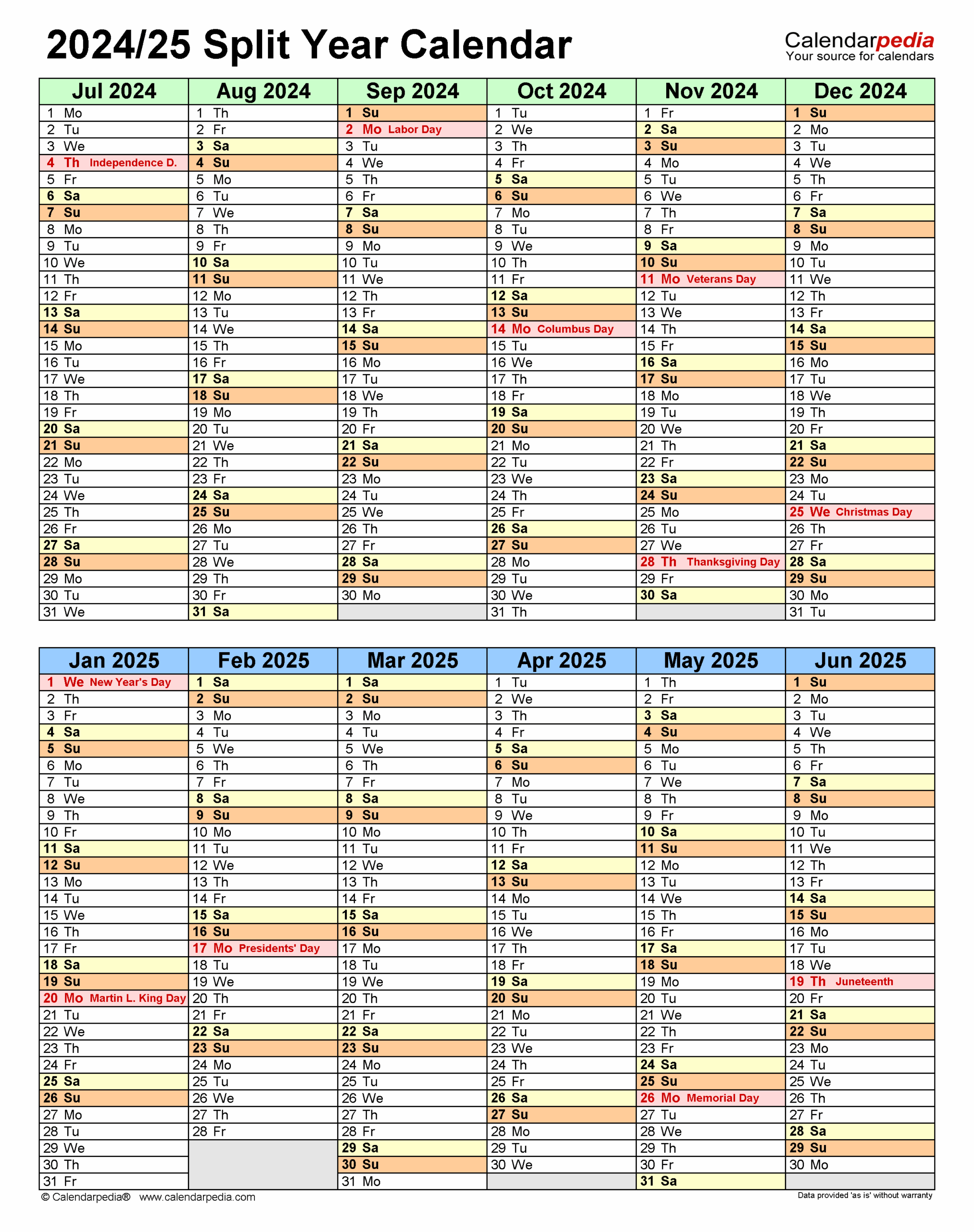 Split Year Calendars 2024/2025 (July To June) - Pdf Templates with July 2024 Through June 2025 Calendar Printable