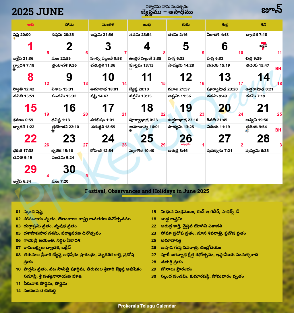 Telugu Calendar 2025, June for Telugu Hindu Calendar June 2025 Good Days