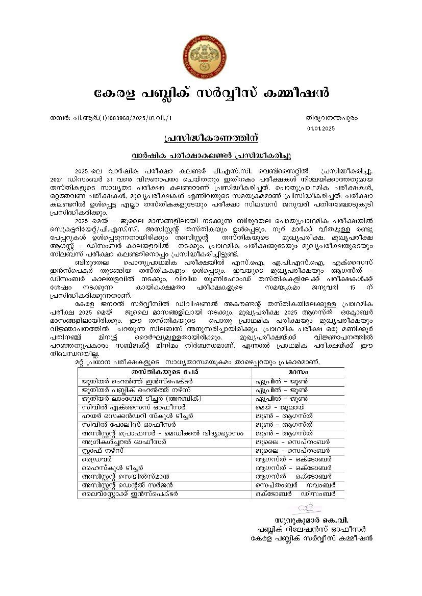 2025–ലെ പിഎസ്‌സി പരീക്ഷ കലണ്ടർ തയ്യാർ in Kerala Psc Exam Calendar July 2025