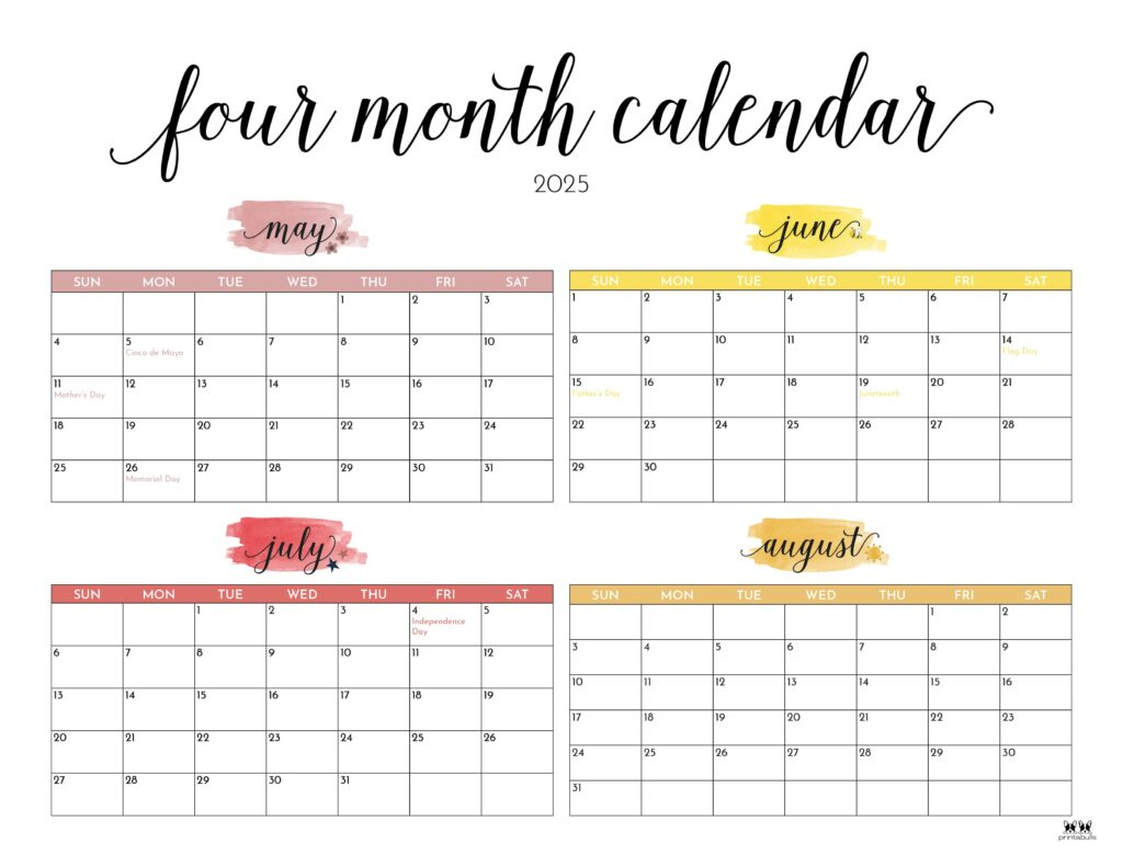 2025 Four Month Calendars - 31 Free Printables | Printabulls regarding 4 Month Calendar May June July August 2025