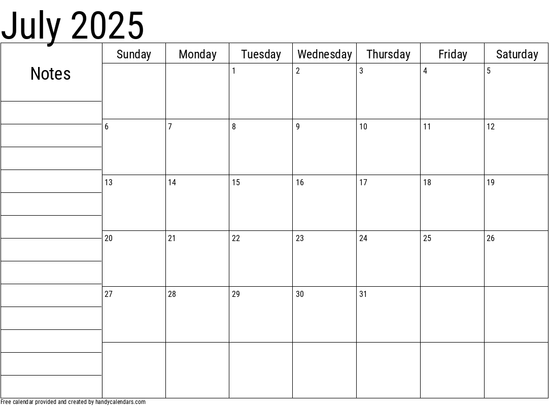 2025 July Calendars - Handy Calendars with regard to July 2025 Calendar Printable With Notes