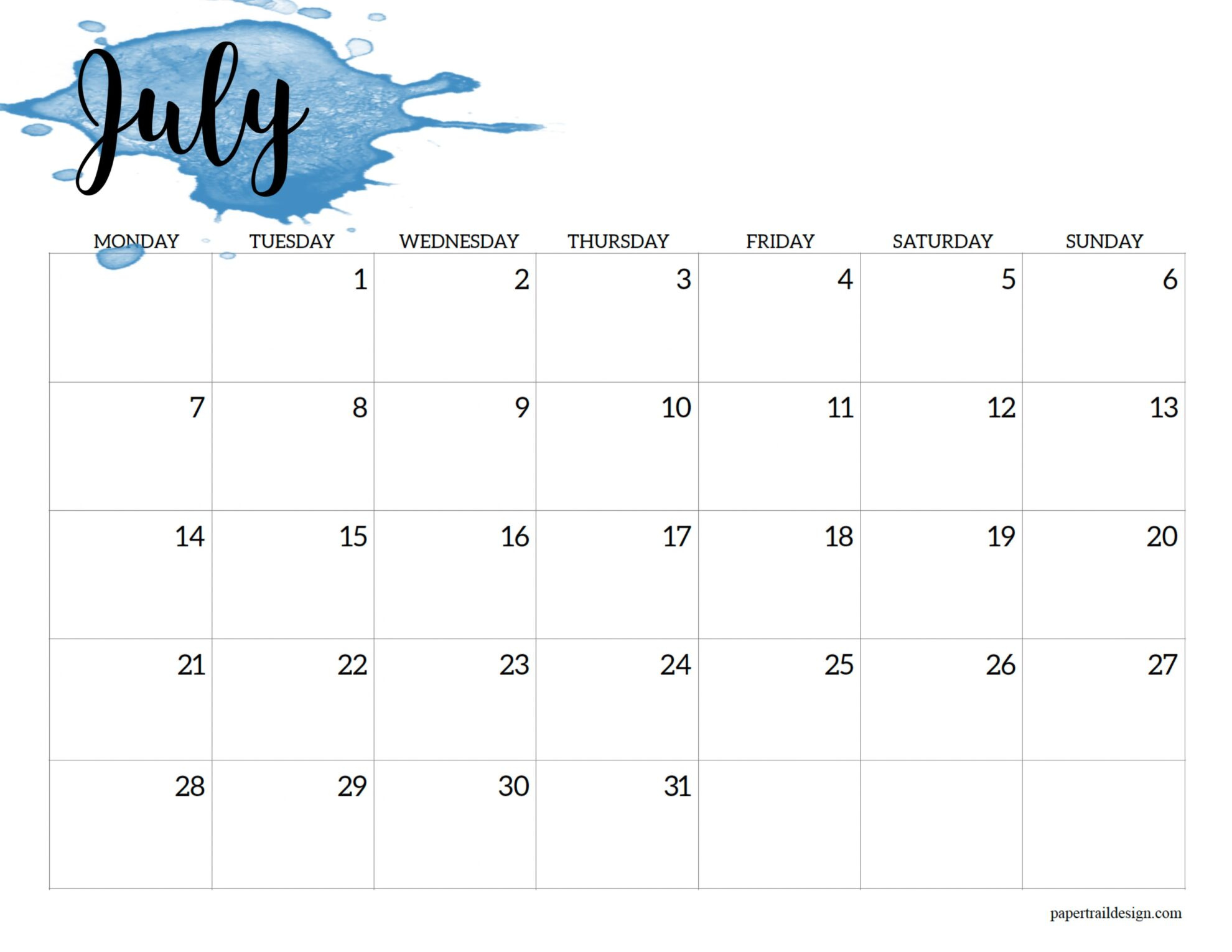 2025 Monday Start Calendar Printable - Watercolor - Paper Trail Design intended for July Calendar 2025 Monday To Sunday
