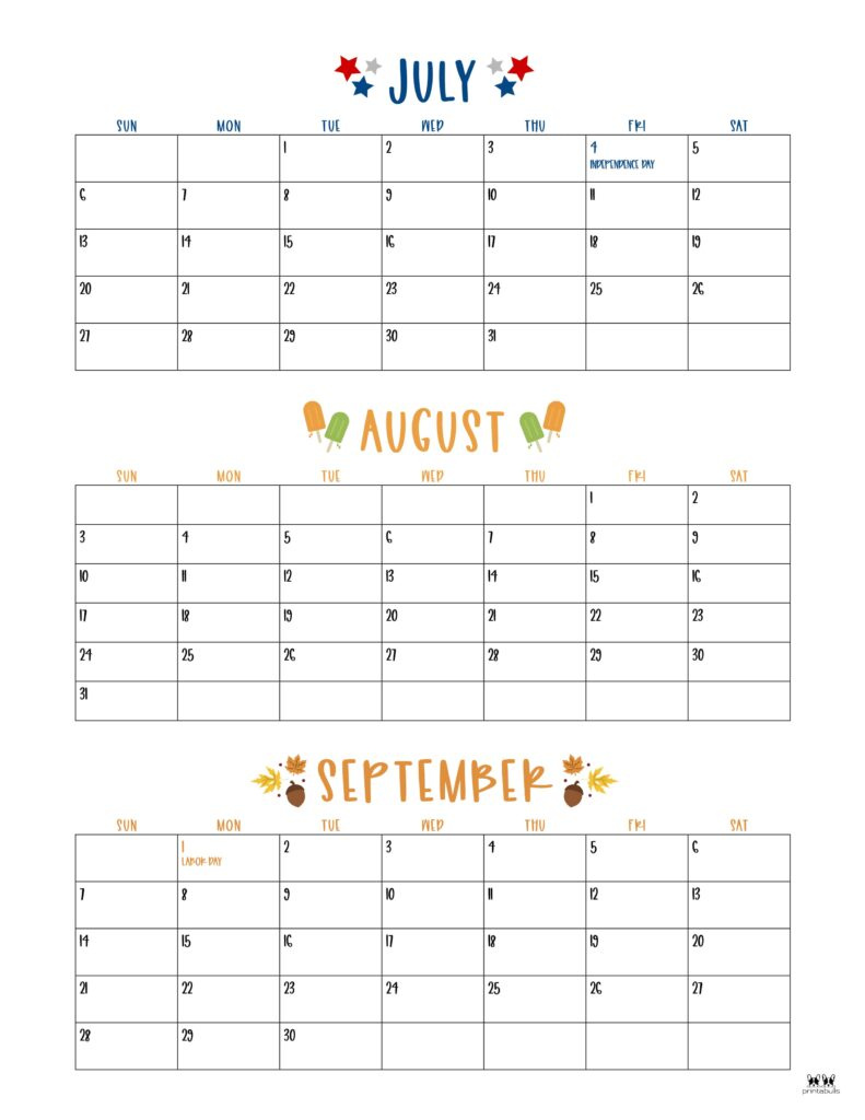 2025 Summer Calendars - 27 Free Printables | Printabulls pertaining to July Aug Sept 2025 Calendar Printable