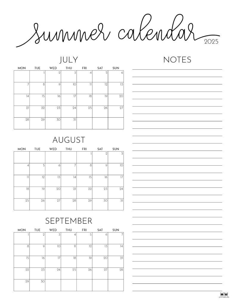 2025 Summer Calendars - 27 Free Printables | Printabulls regarding Free Printable July And August Calendar 2025