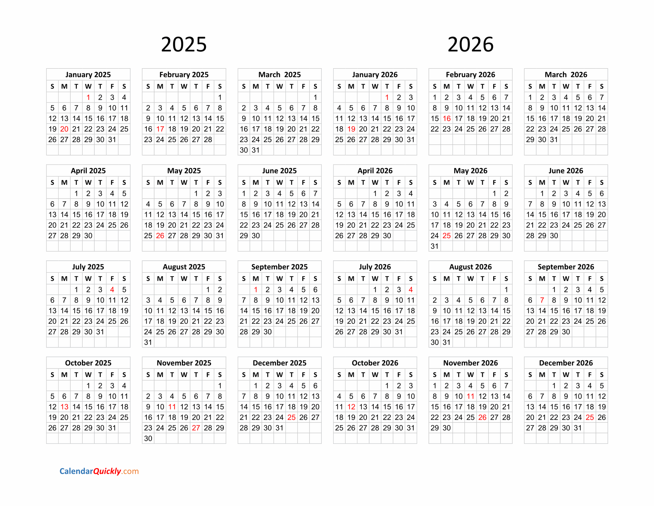 Calendar 2025 And 2026 On One Page | Calendar Quickly in July 2025 To June 2026 Calendar Printable Free