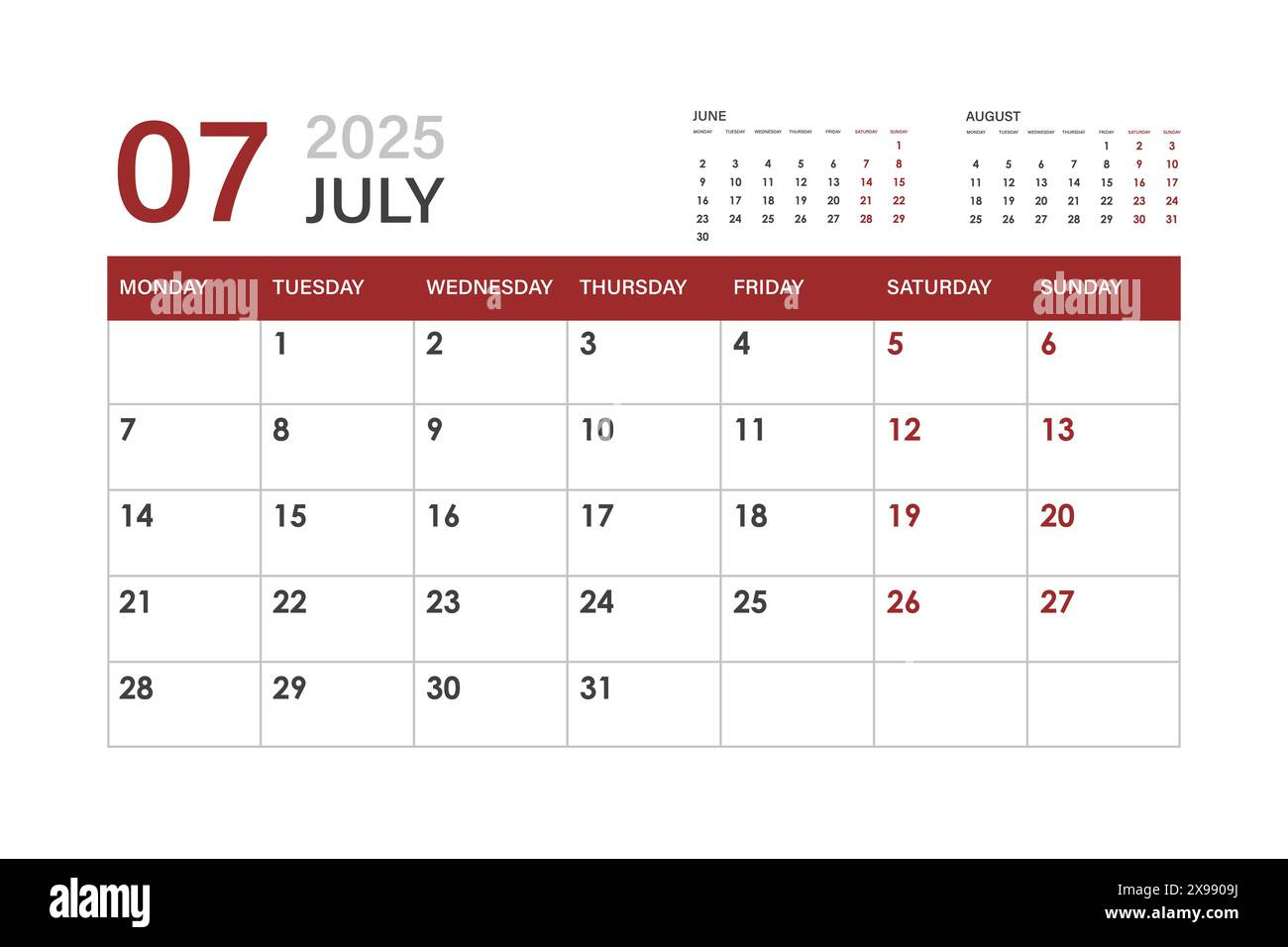 Calendar For July 2025. The Week Starts On Monday Stock Vector inside July Calendar 2025 Monday To Sunday