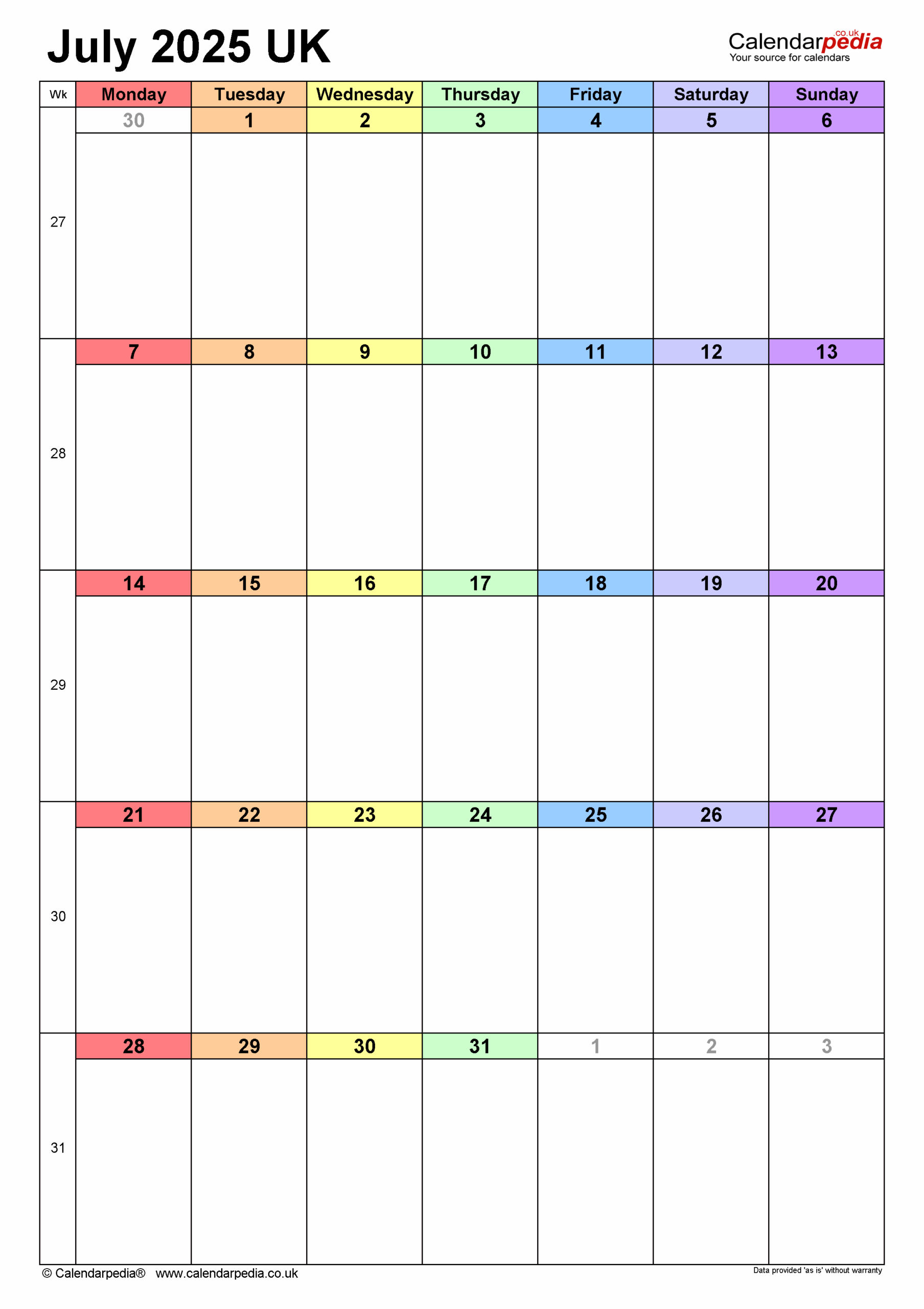 Calendar July 2025 Uk With Pdf, Excel And Word Templates in July Calendar 2025 Word