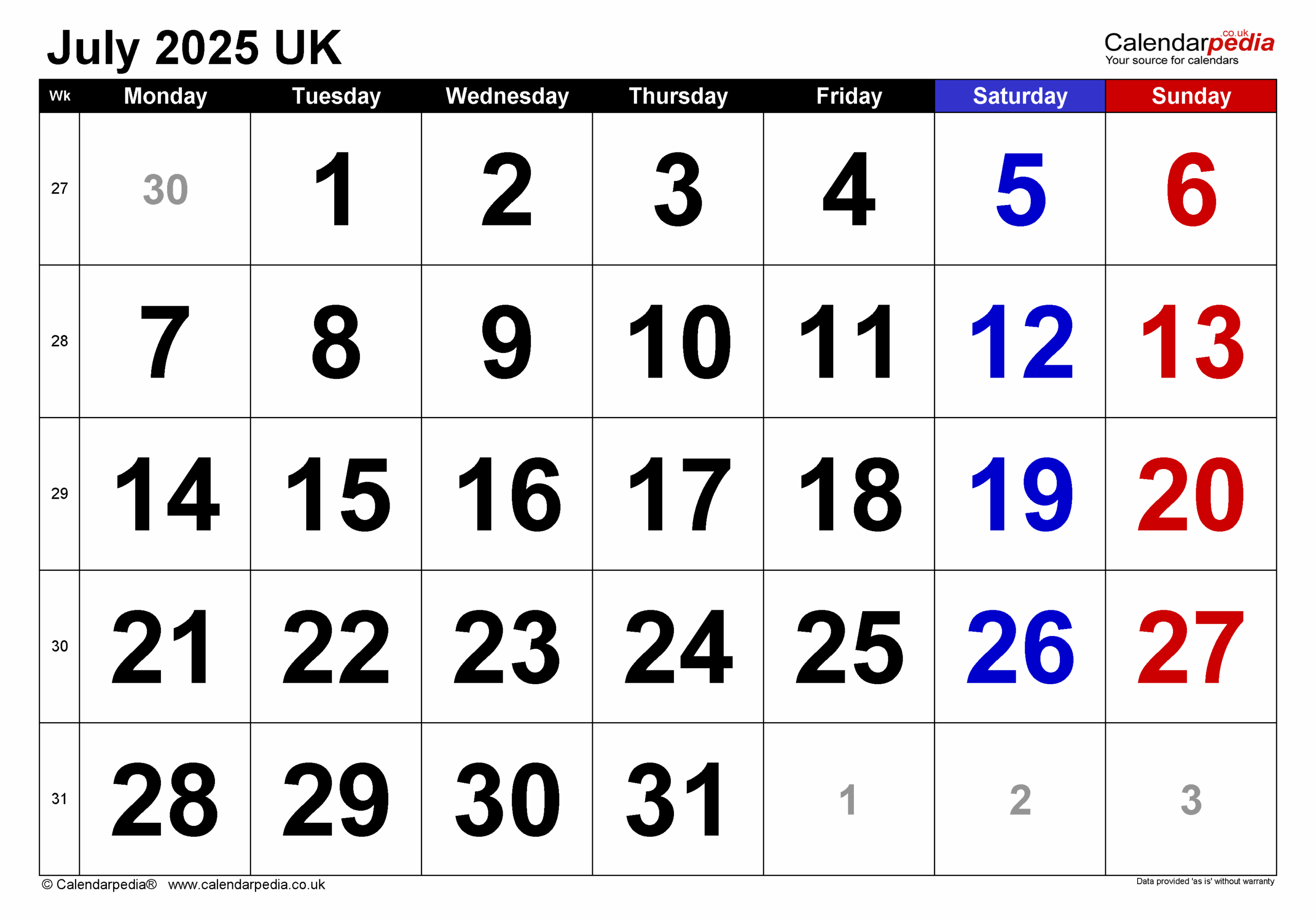 Calendar July 2025 Uk With Pdf, Excel And Word Templates throughout July Calendar 2025 Word