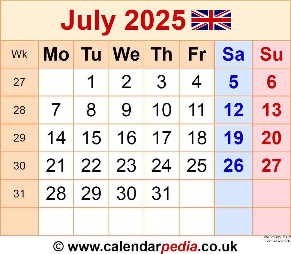 Calendar July 2025 Uk With Pdf, Excel And Word Templates with regard to July Calendar 2025 Uk