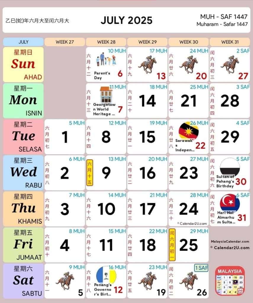 Cuti Umum 2025 &amp;amp; Cuti Sekolah Malaysia Kpm inside Calendar Kuda July 2025
