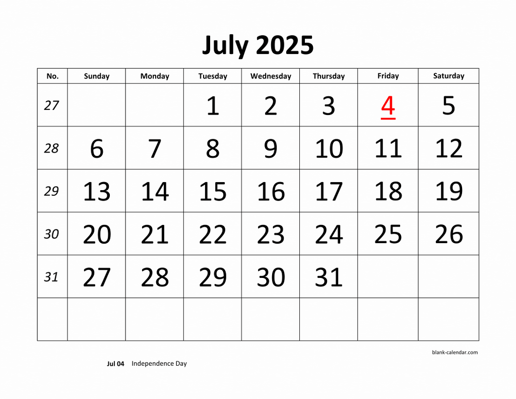 Free Download Printable July 2025 Calendar, Large Font Design throughout July 2025 Large Print Calendar