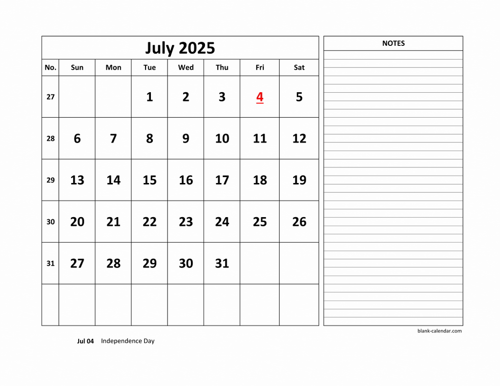 Free Download Printable July 2025 Calendar, Large Space For with regard to July 2025 Calendar Printable With Notes