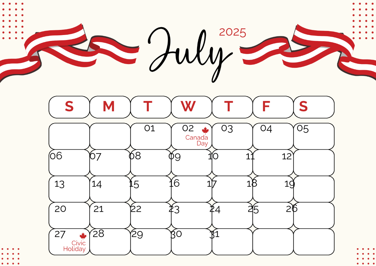 Free July 2025 Calendar Templates, Editable And Printable throughout July 2025 Canada Calendar Printable