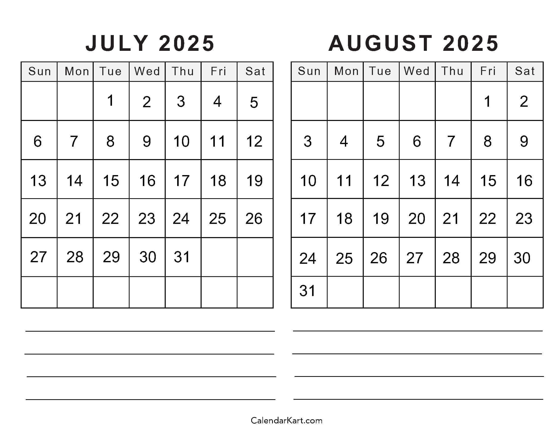 Free Printable July August 2025 Calendar | Calendarkart intended for Printable Calendar July - August 2025