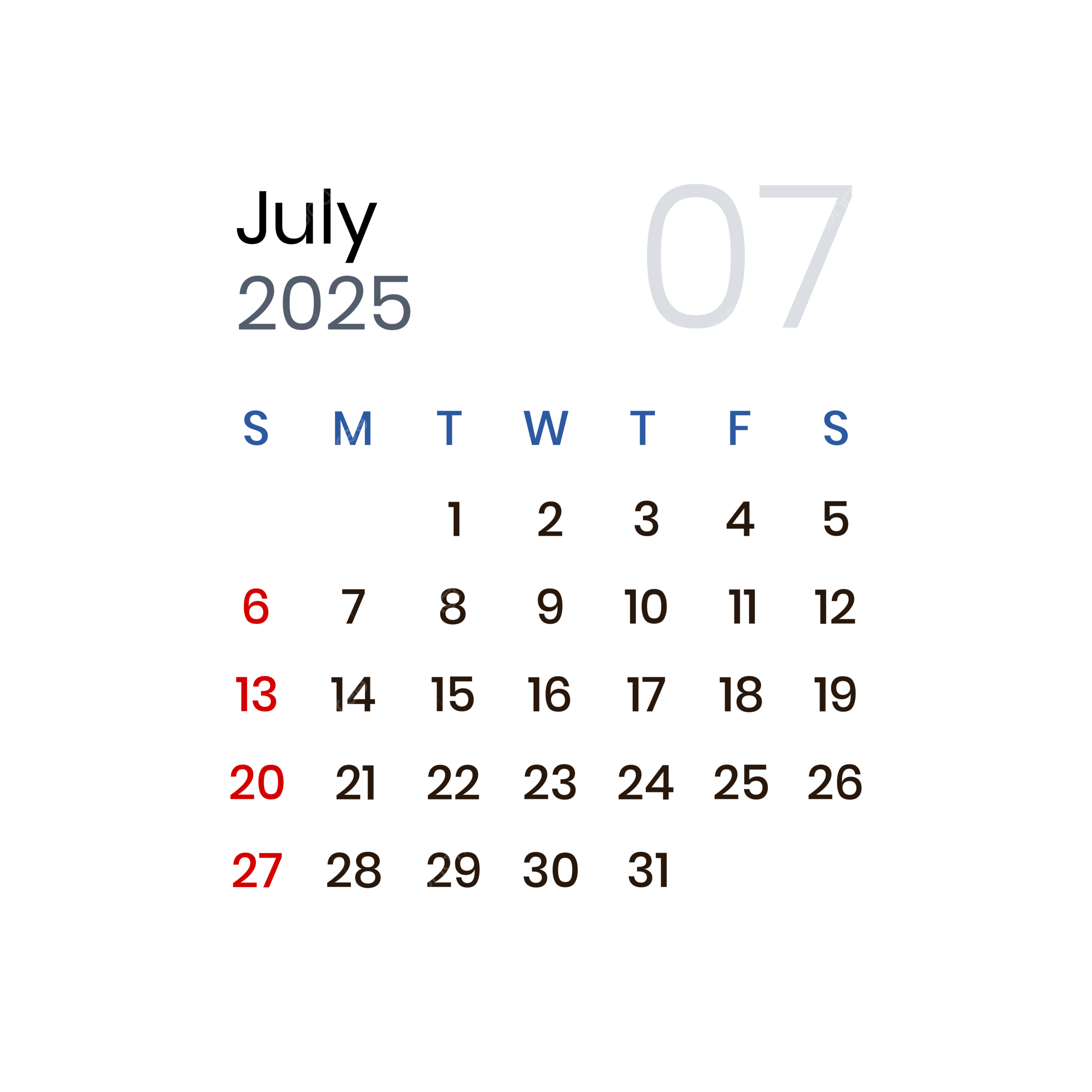 July 2025 Calendar Elegant Vector, July 2025, July 2025 Calendar with regard to July Calendar 2025 Png