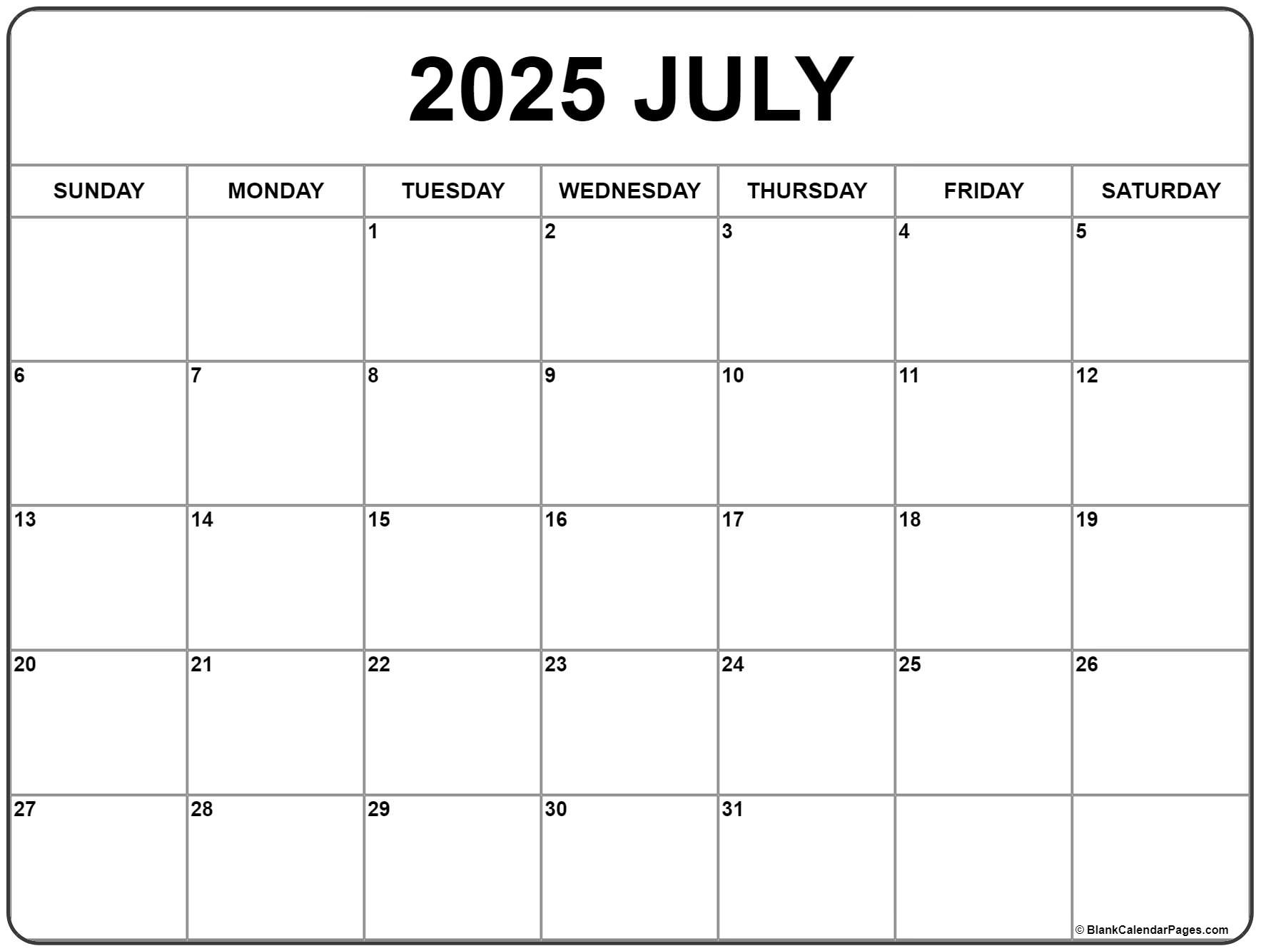 July 2025 Calendar | Free Printable Calendars intended for Blank July 2025 Calendar Printable