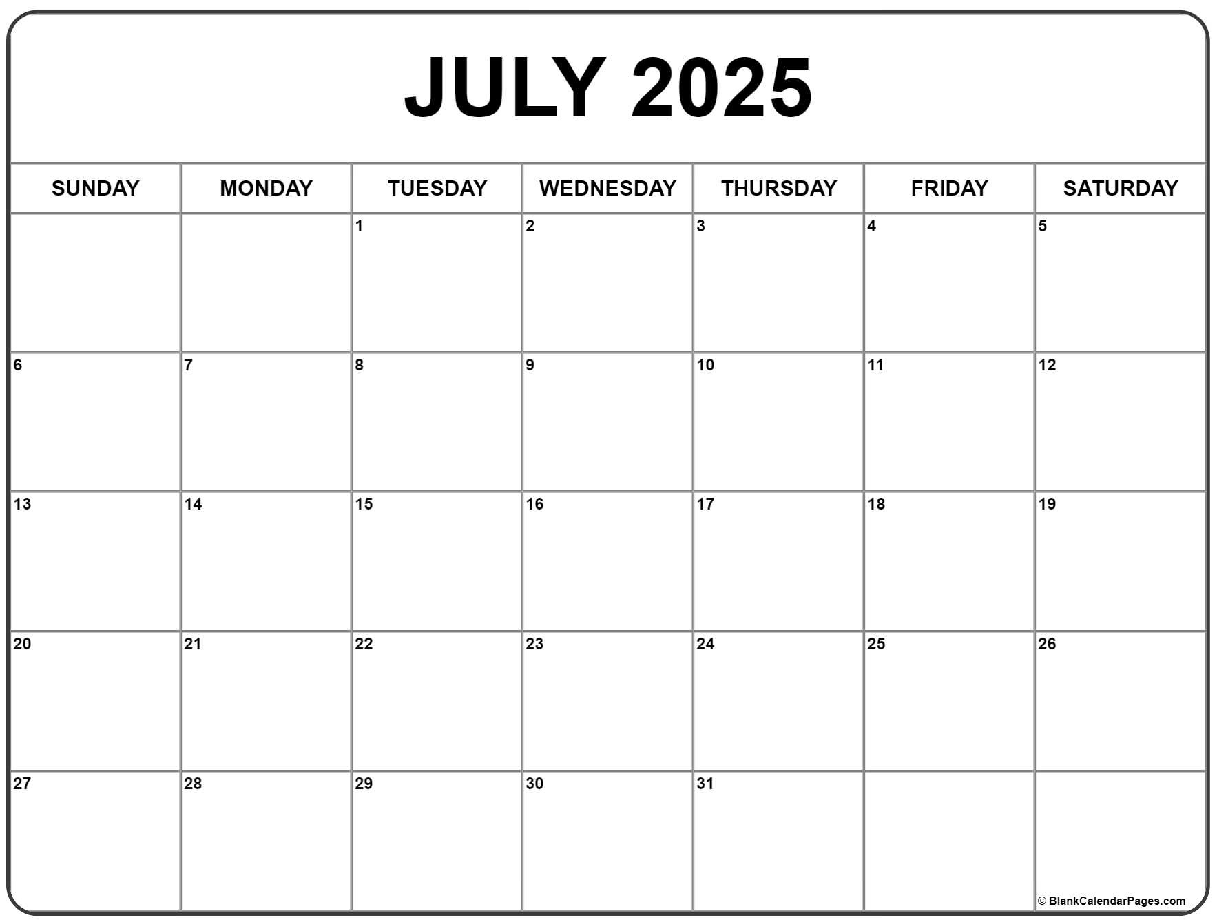 July 2025 Calendar | Free Printable Calendars throughout July Calendar For 2025