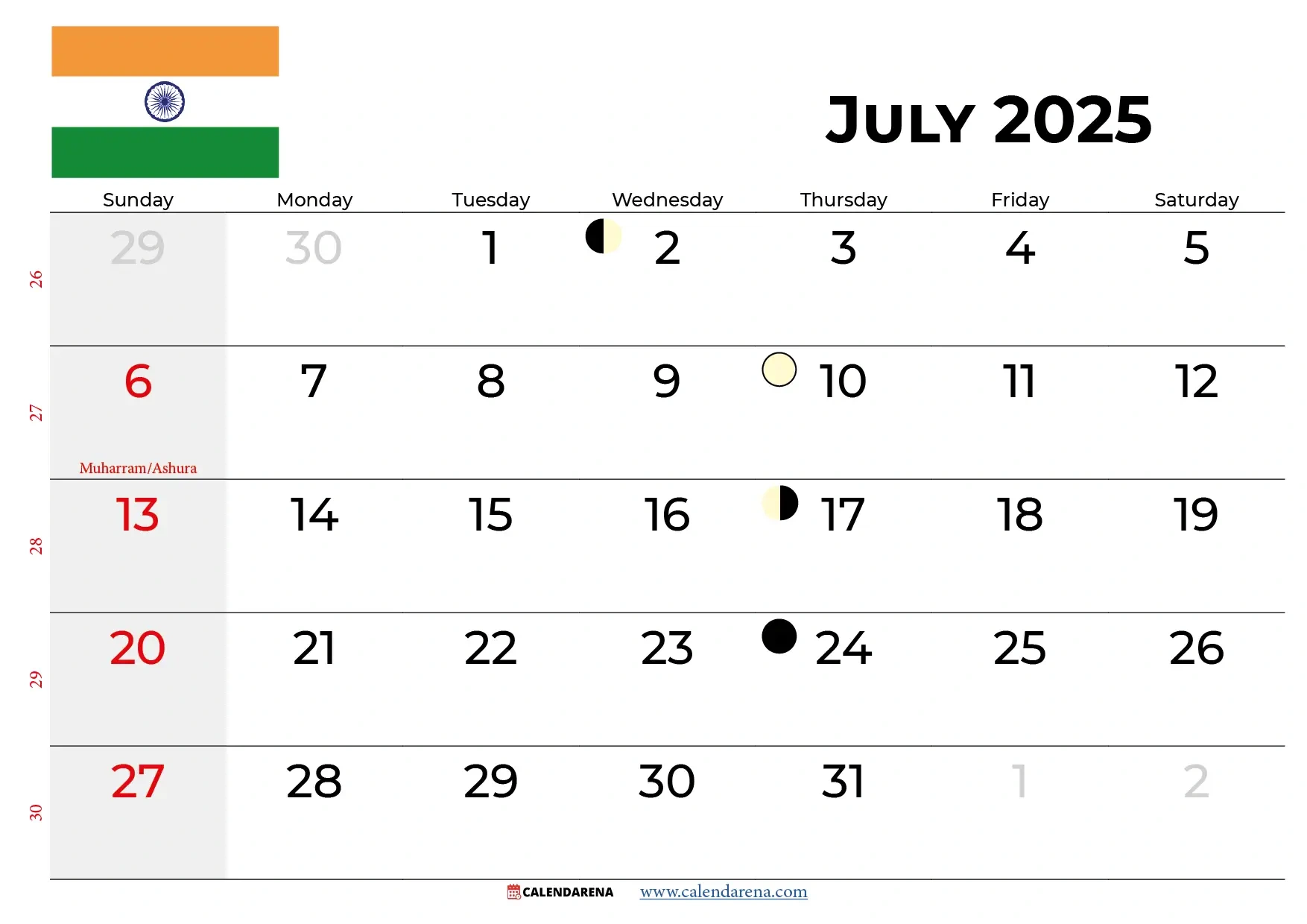 July 2025 Calendar India with July Calendar 2025 With Holidays