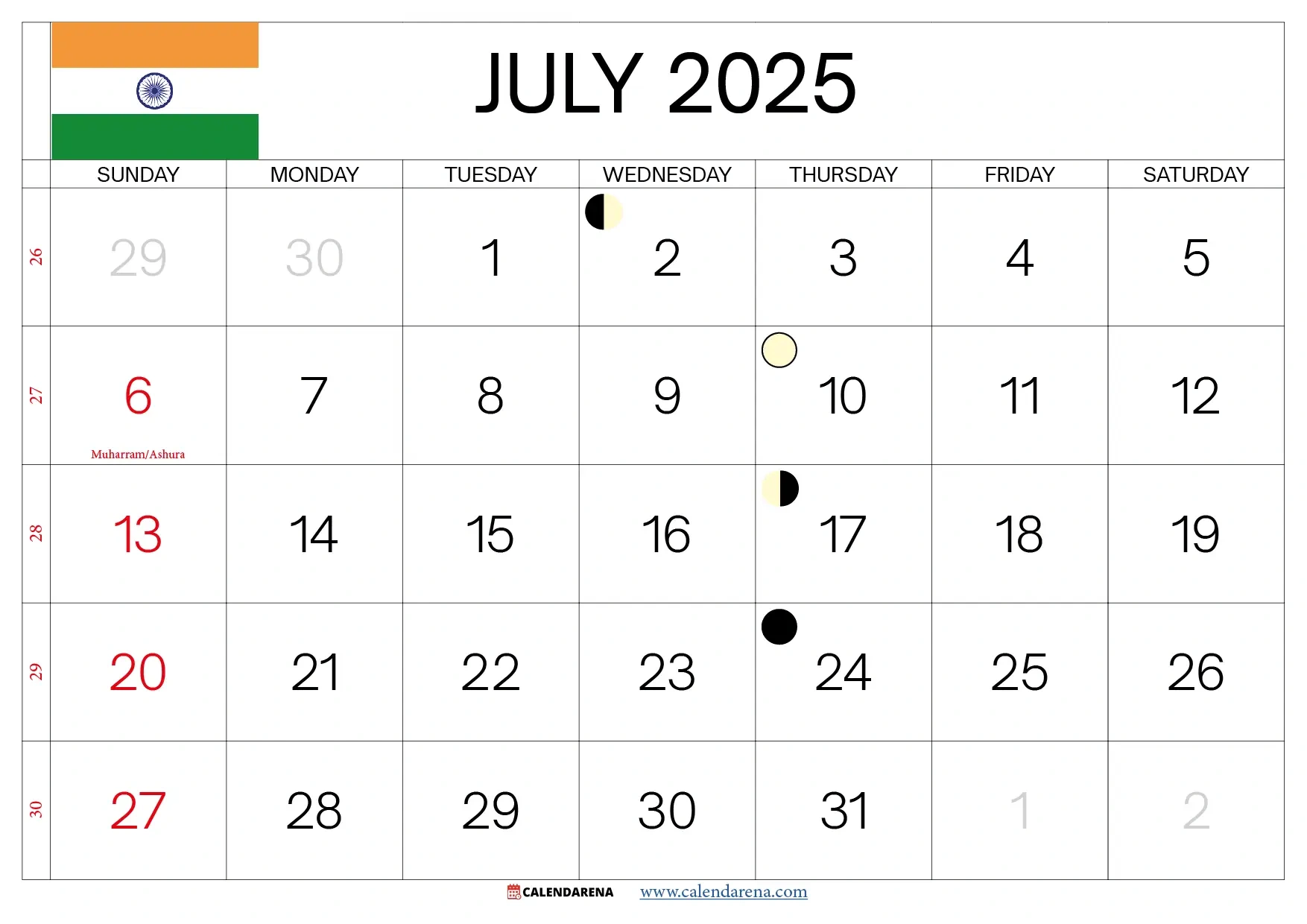 July 2025 Calendar India with July Calendar 2025