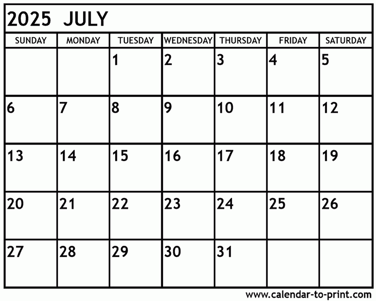 July 2025 Calendar Printable within July Calendar For 2025