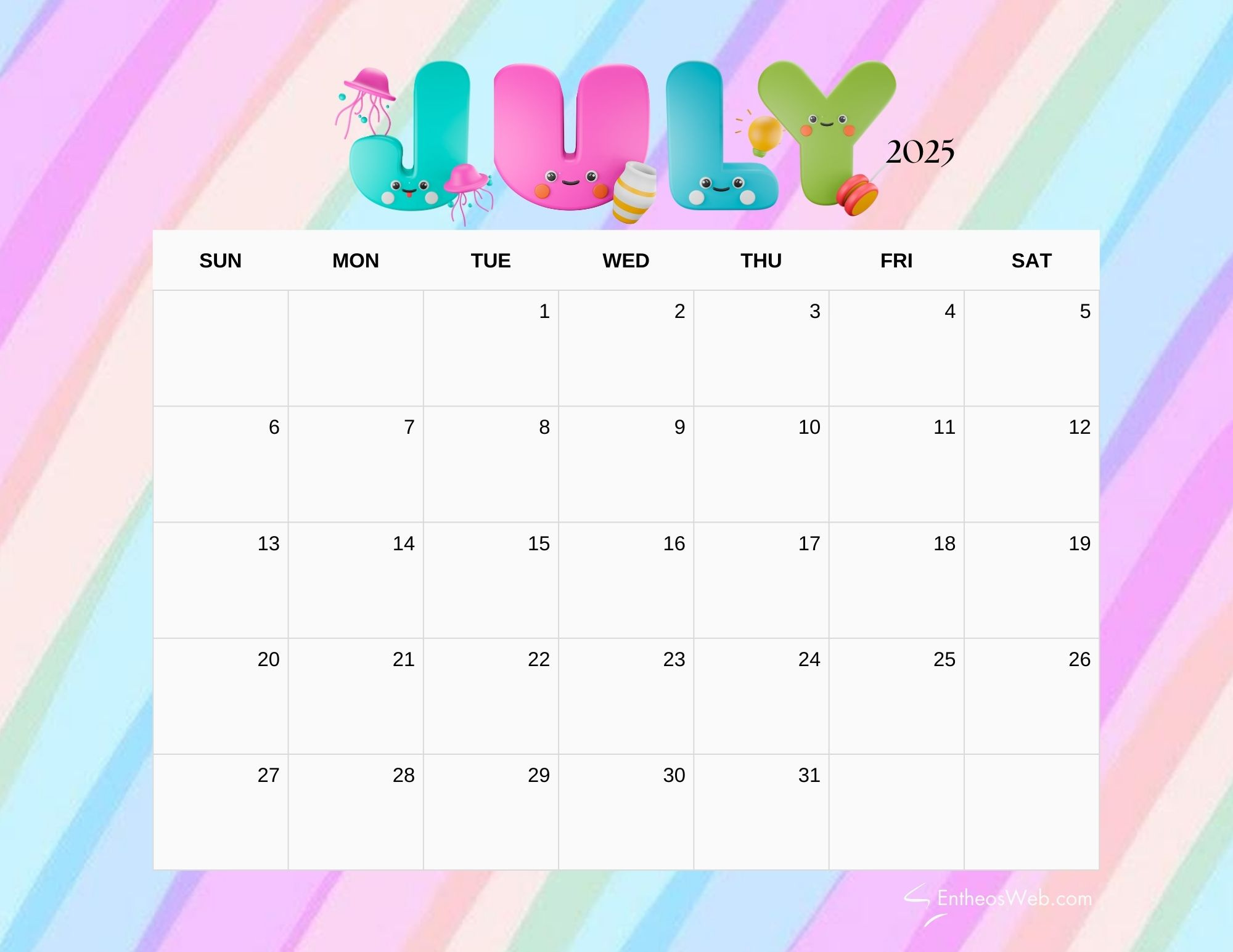 July 2025 Calendar Printables | Entheosweb in July 2025 Calendar Kids