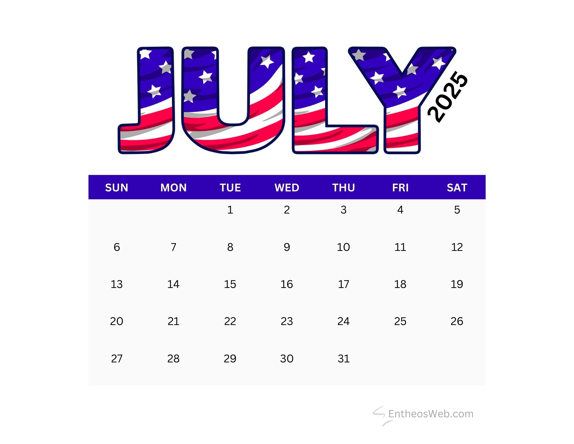 July 2025 Calendar Printables | Entheosweb in July 4 2025 Calendar