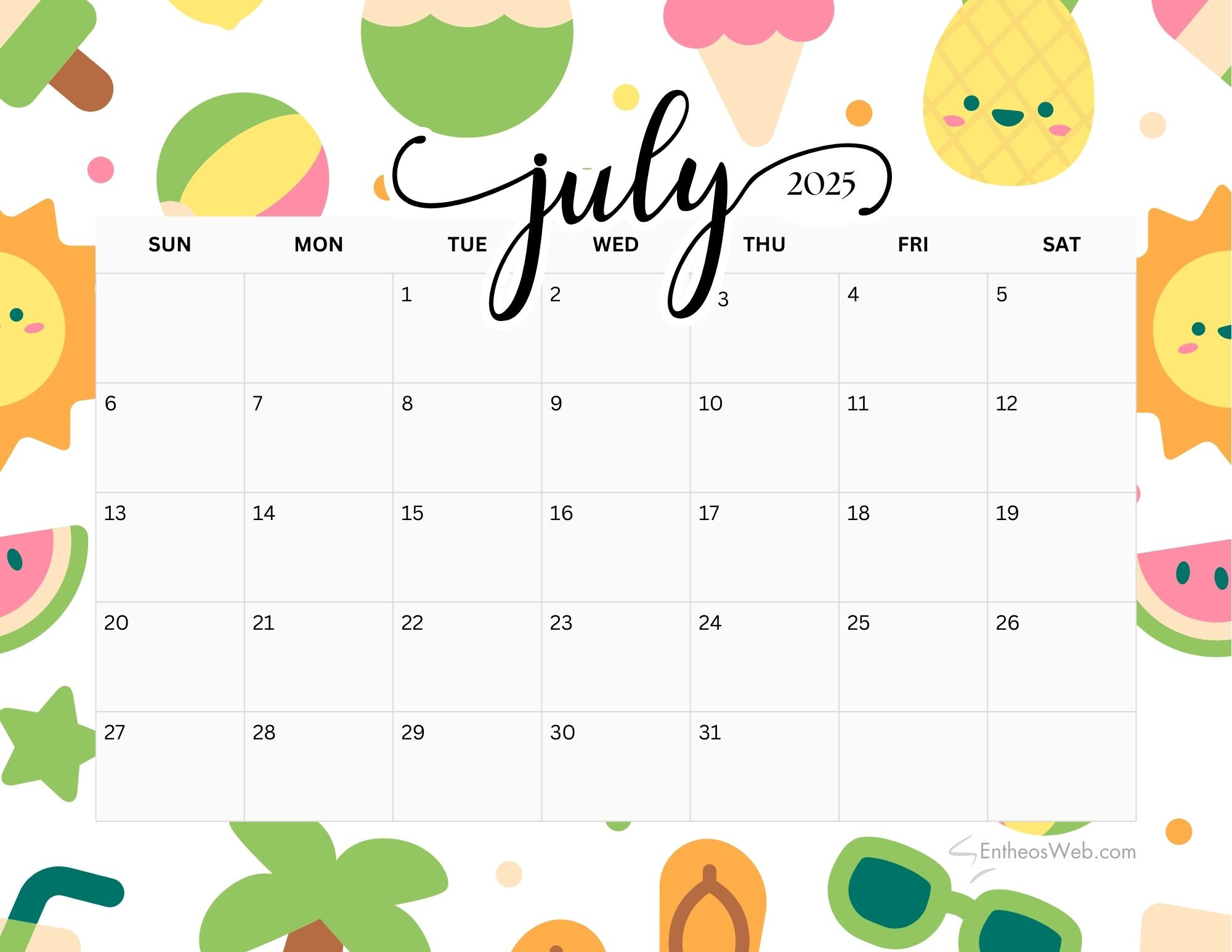 July 2025 Calendar Printables | Entheosweb with July Calendar 2025 Printable Cute
