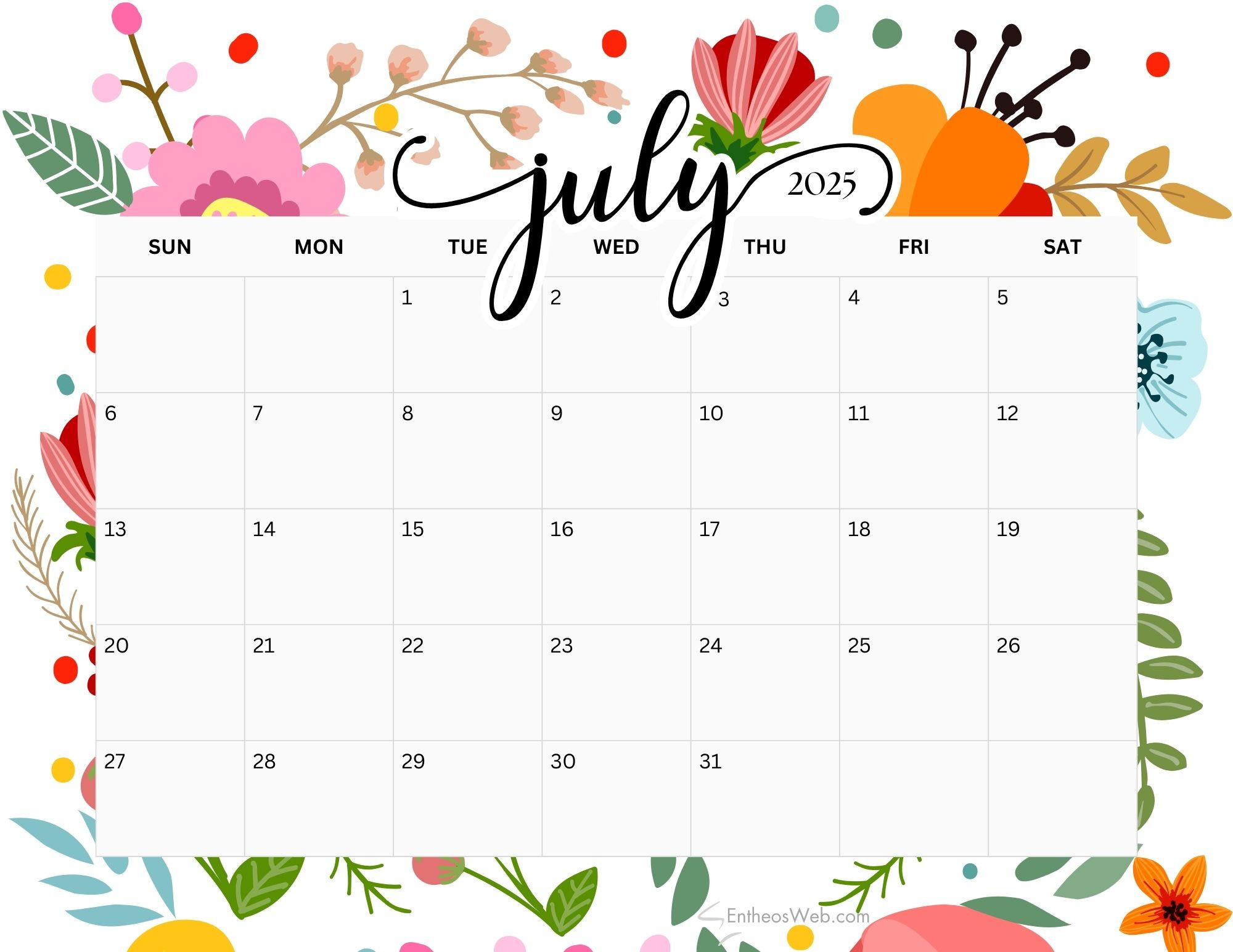 July 2025 Calendar Printables | Entheosweb within Printable Calendar Of July 2025