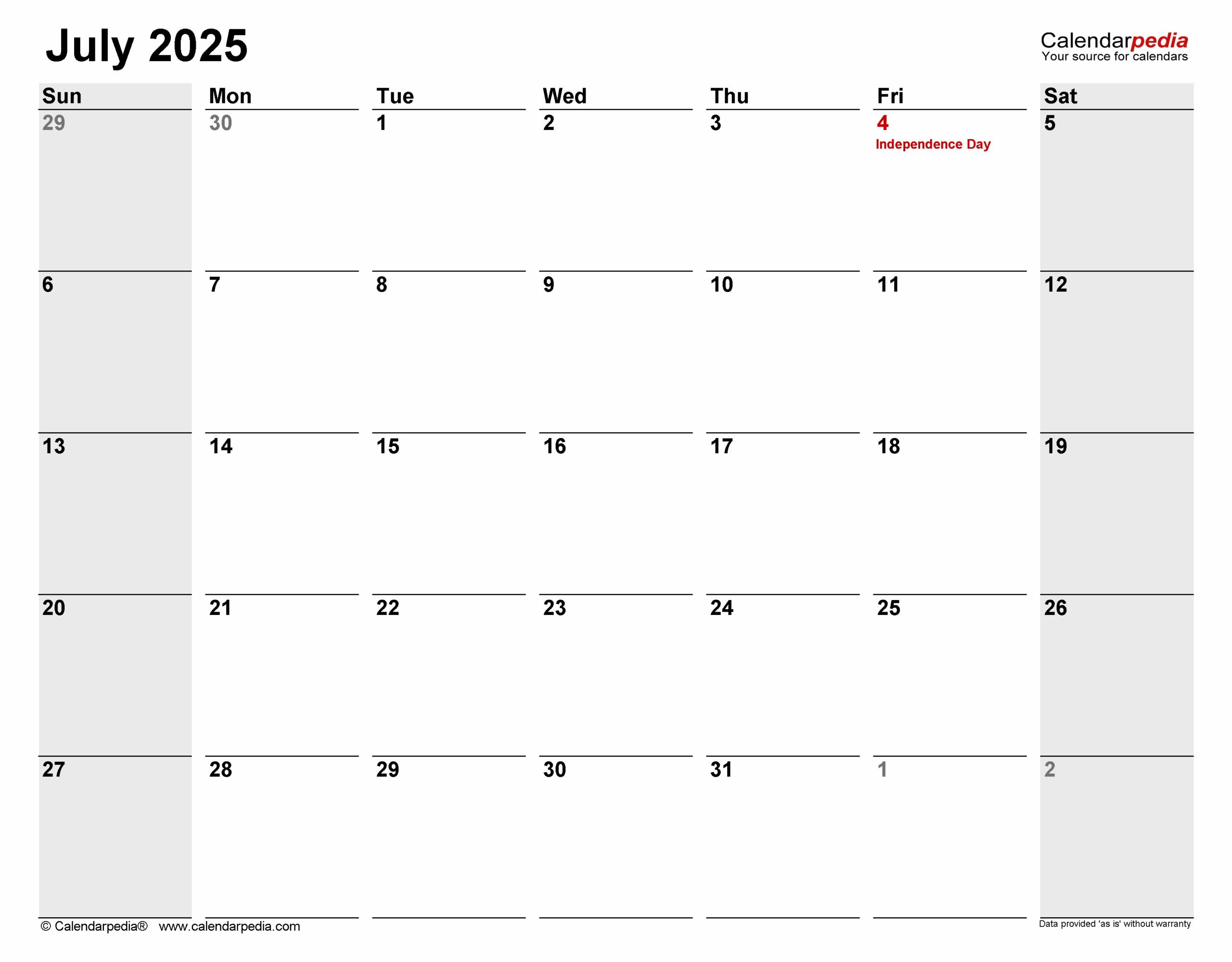 July 2025 Calendar | Templates For Pdf, Excel And Word intended for July 2025 Calendar Excel
