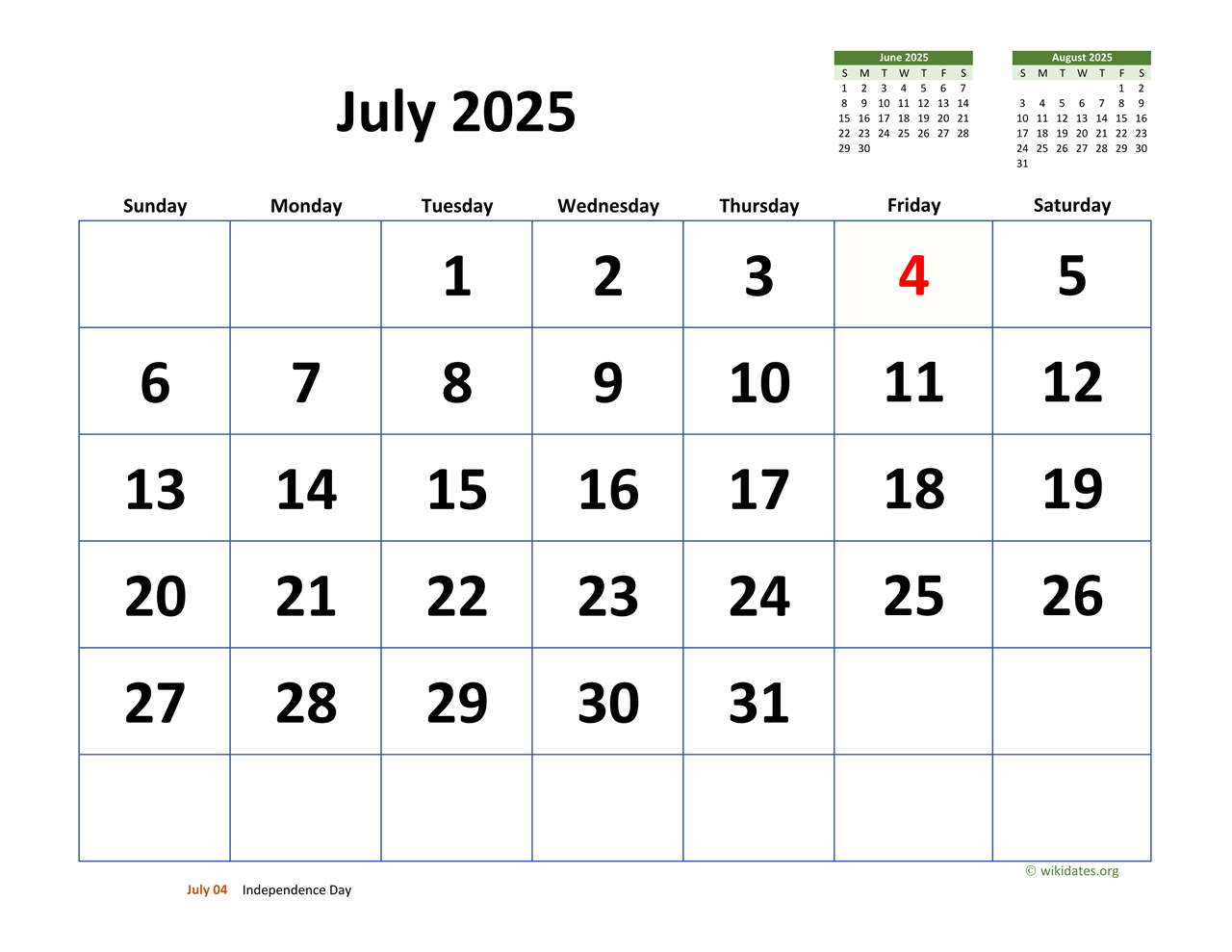 July 2025 Calendar With Extra-Large Dates | Wikidates within July 2025 Wiki Calendar Printable Free