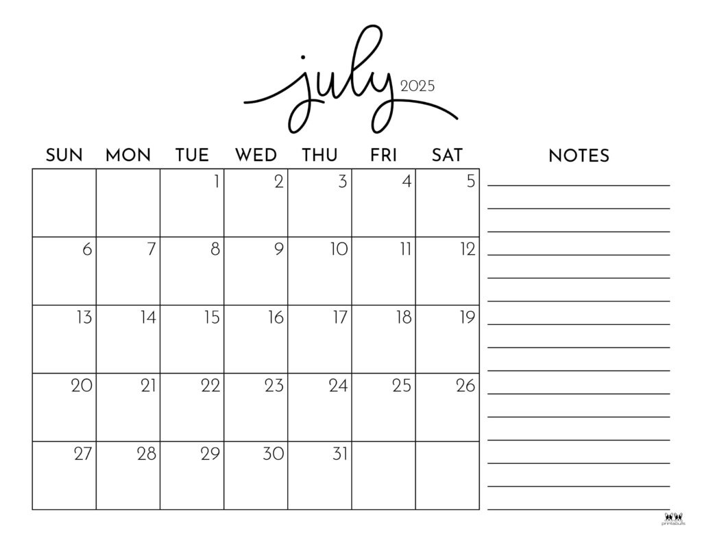 July 2025 Calendars - 107 Free Printables | Printabulls for July Calendar 2025 With Lines