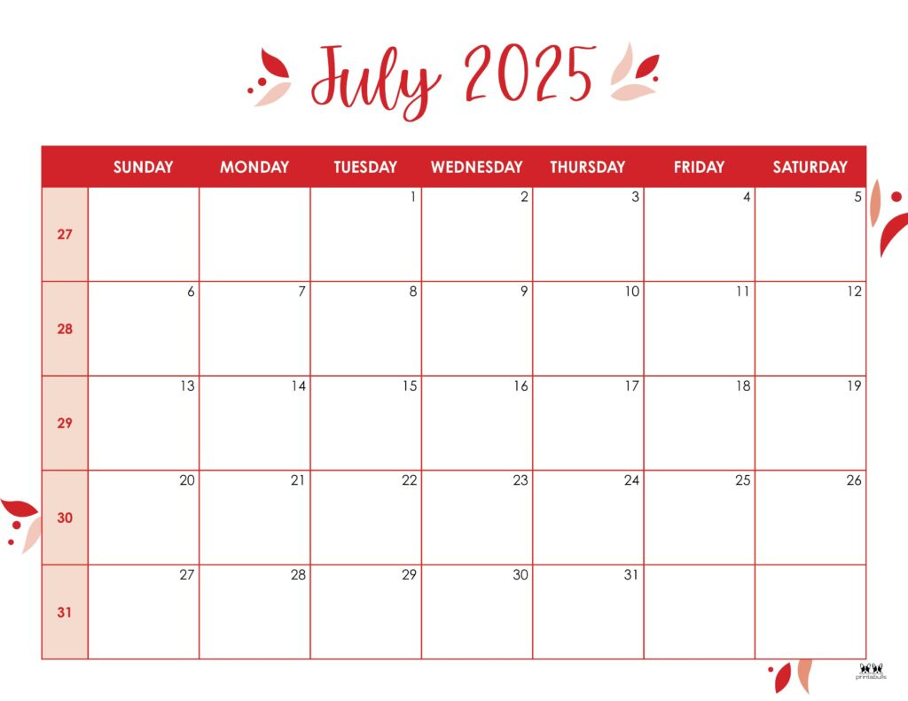 July 2025 Calendars - 107 Free Printables | Printabulls in July 2025 Printable Calendar With Holidays