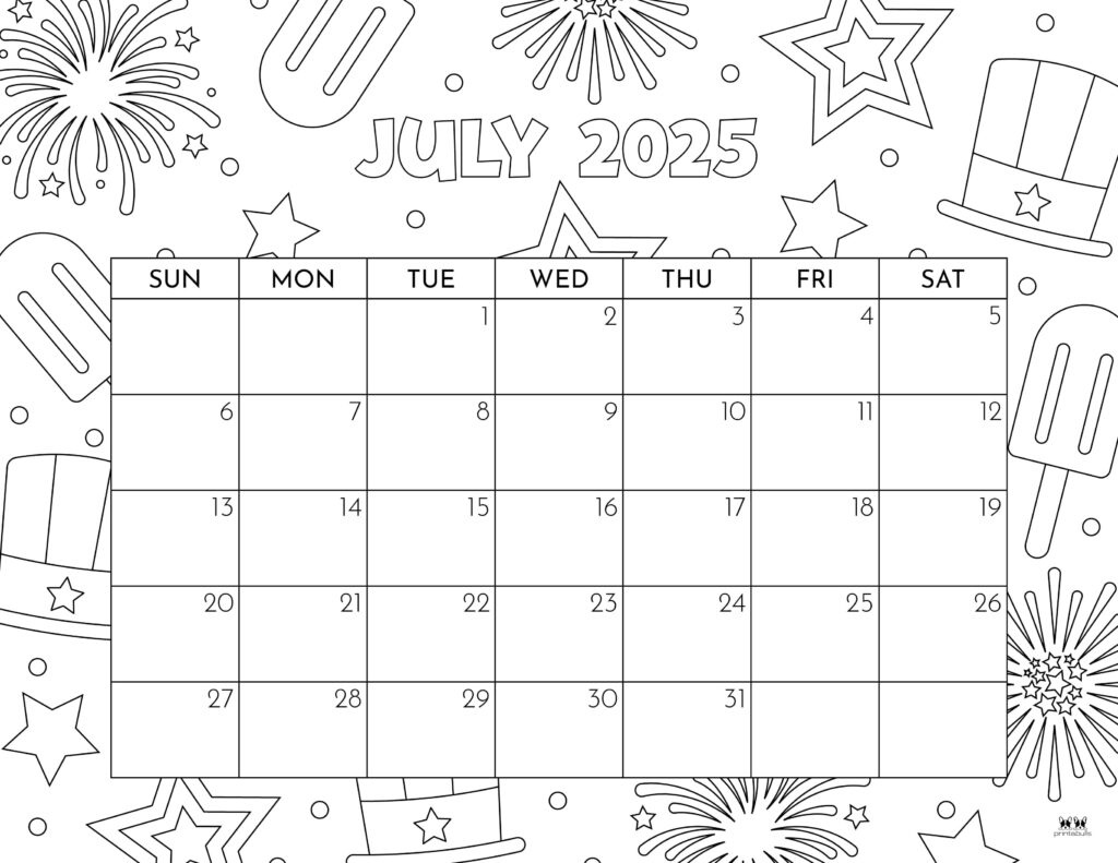 July 2025 Calendars - 107 Free Printables | Printabulls inside July 2025 Calendar With Holidays Printable