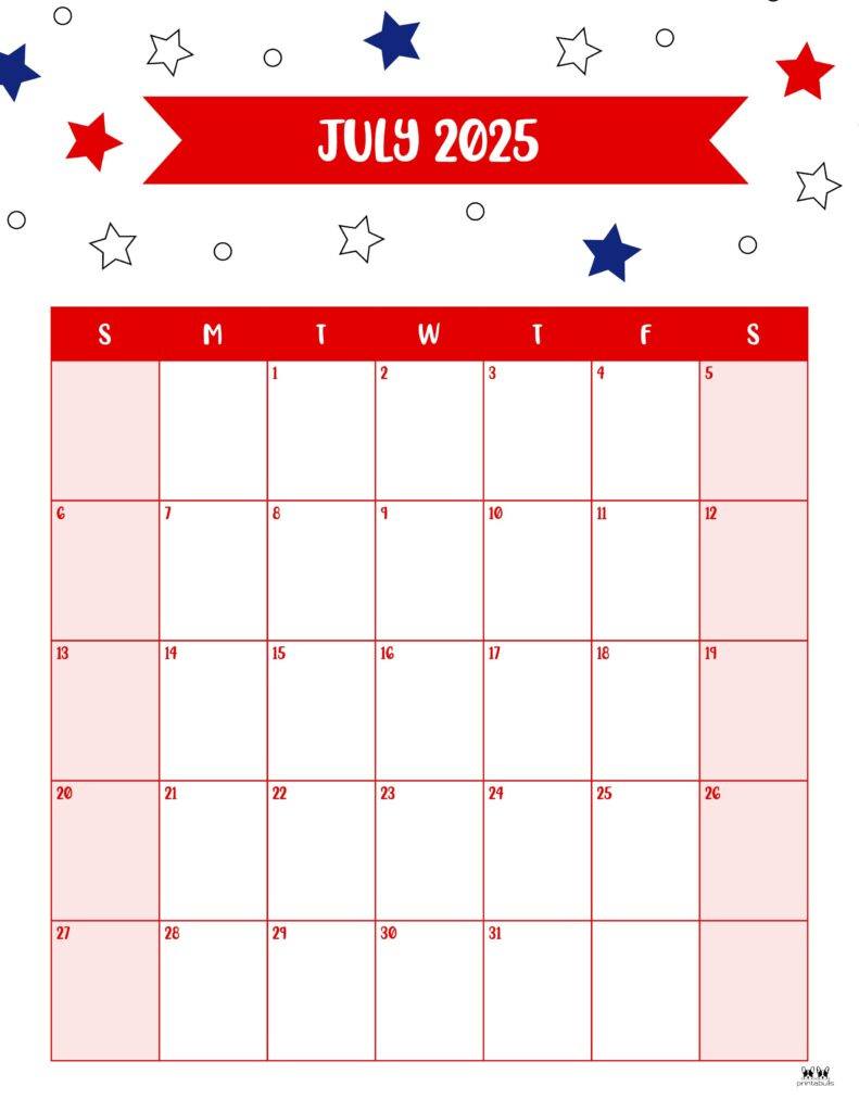 July 2025 Calendars - 107 Free Printables | Printabulls regarding July 2025 Calendar Printable Vertical